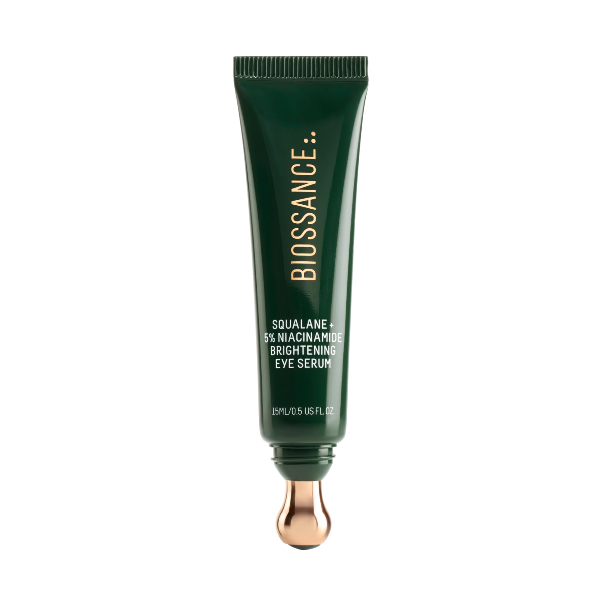 BIOSSANCE front view of the eye serum showing pump and branding for brightening