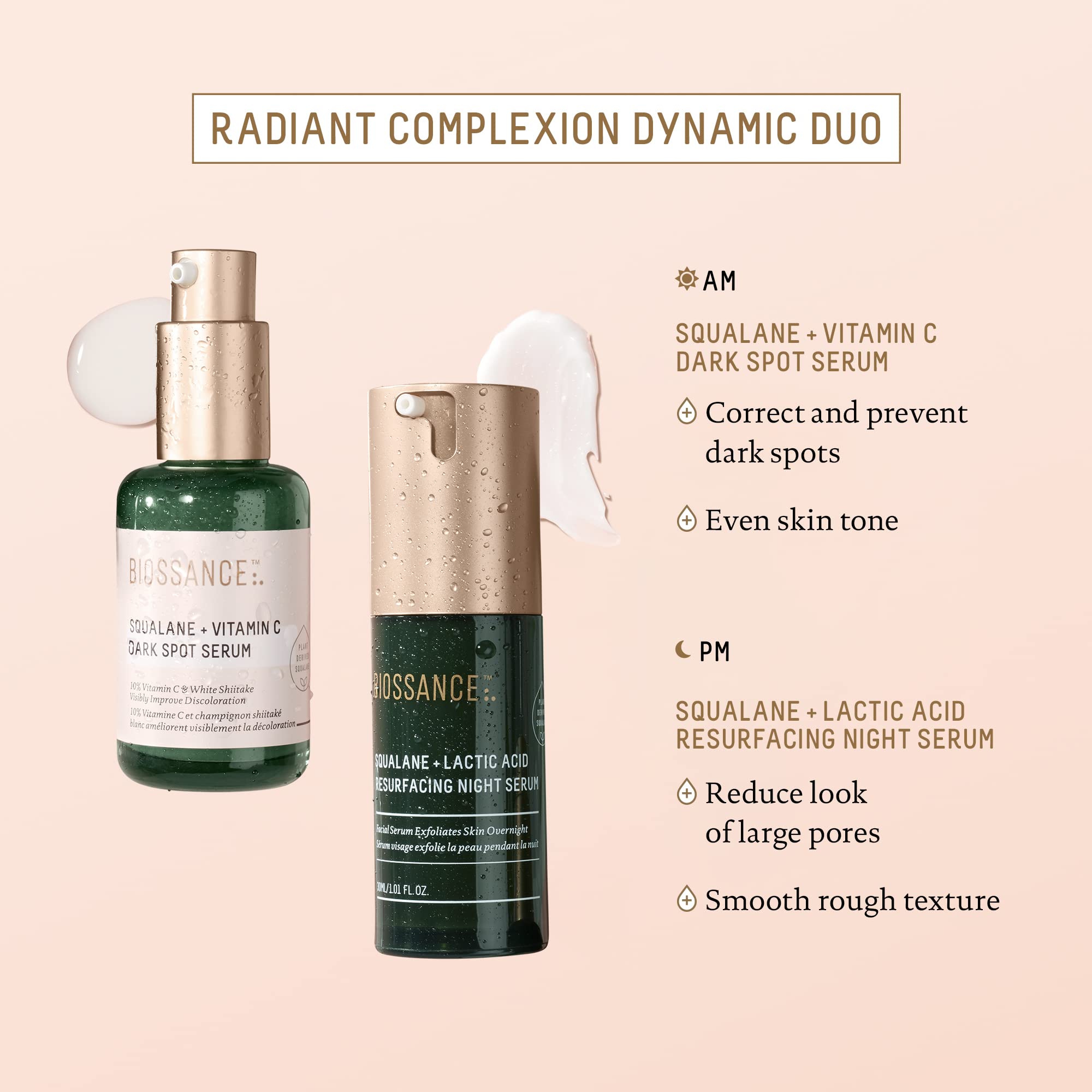 BIOSSANCE label close-up highlighting lactic acid and squalane benefits