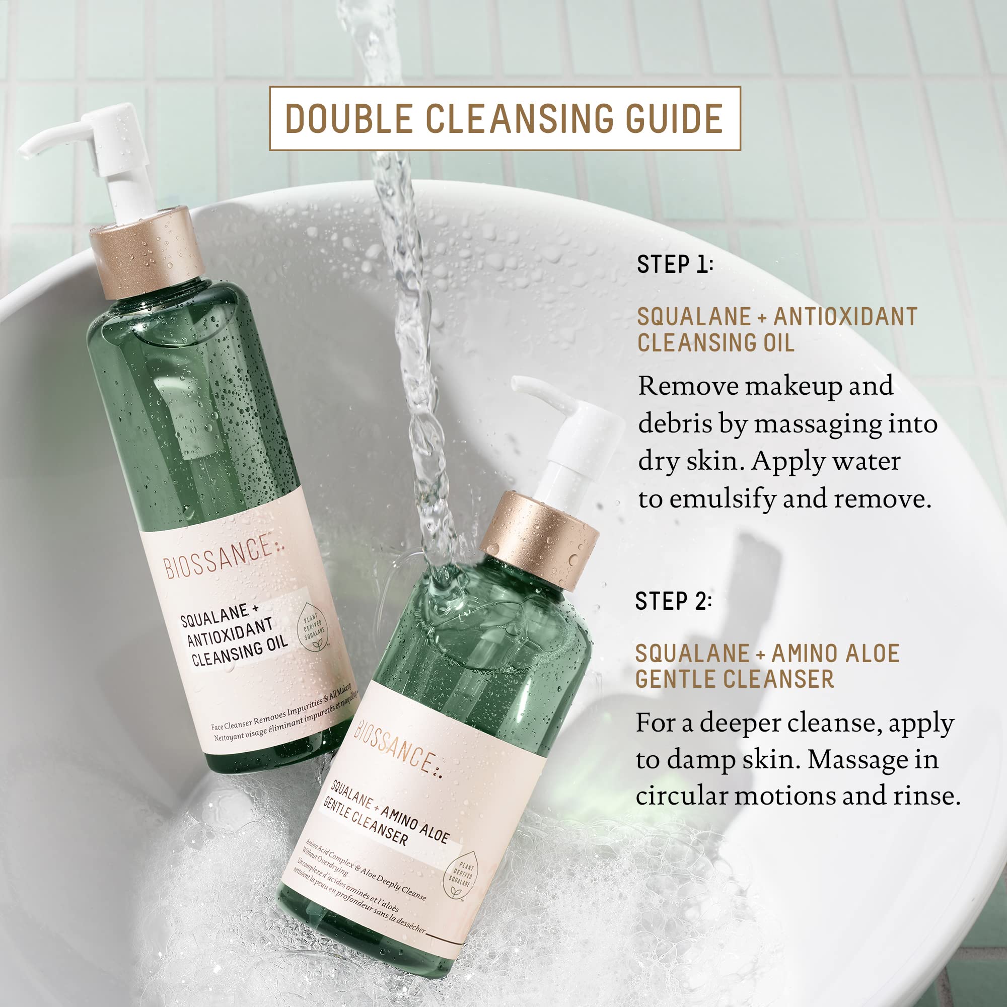 Biossance oil emulsifying with water demonstrating easy rinsing benefit