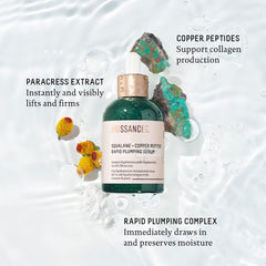 BIOSSANCE flatlay with key ingredients, illustrates copper peptides and hydrating actives benefits