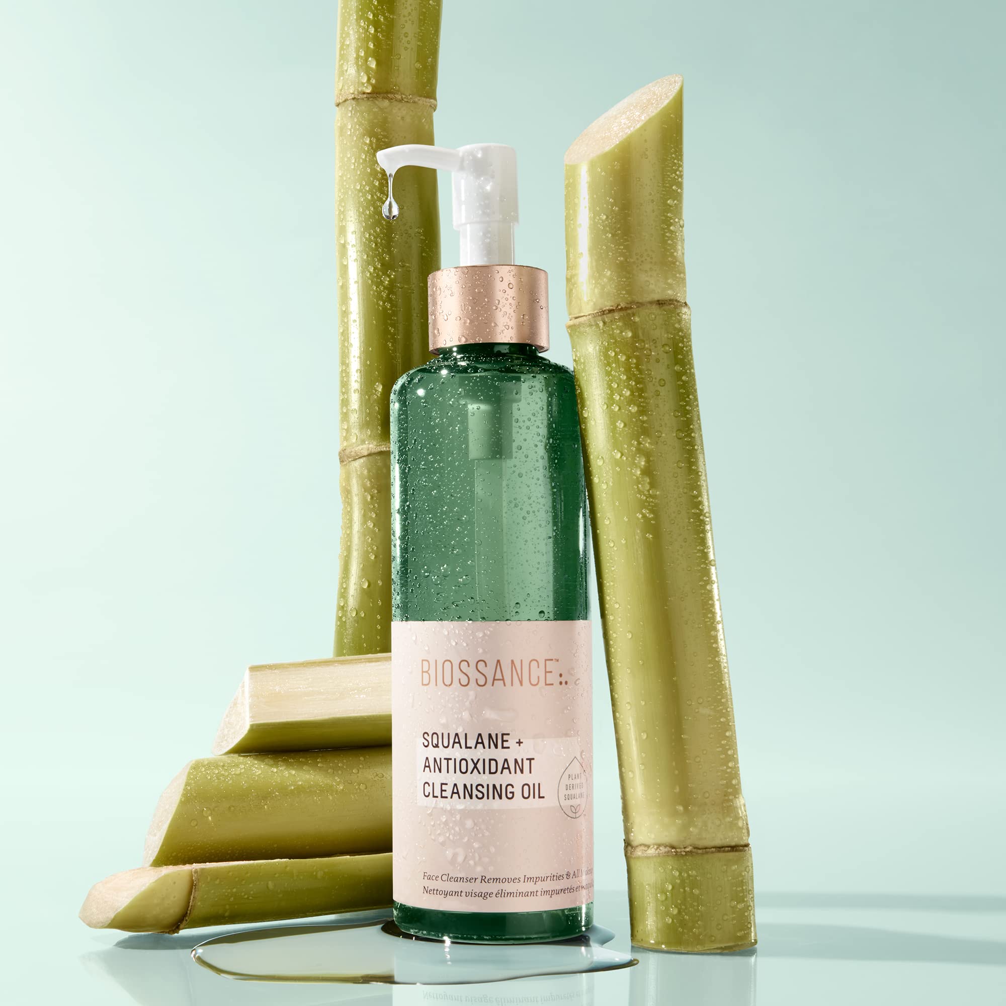 Biossance 6.7 oz bottle next to scale showing travel-friendly size benefit