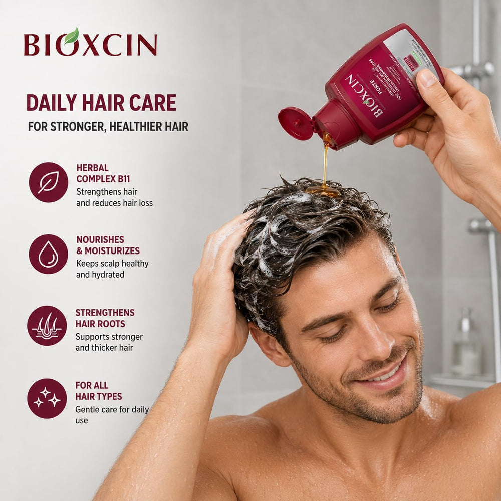 BIOXCIN shampoo in hand to show bottle scale and dosage benefit
