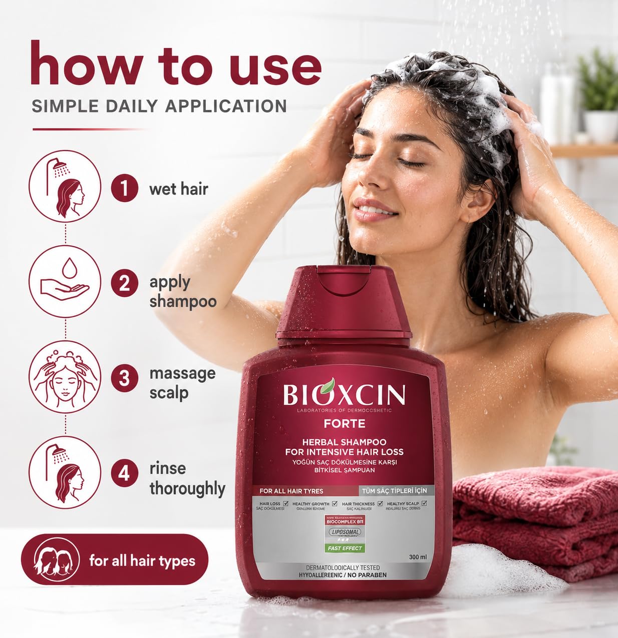 BIOXCIN shampoo in hand showing application and ease