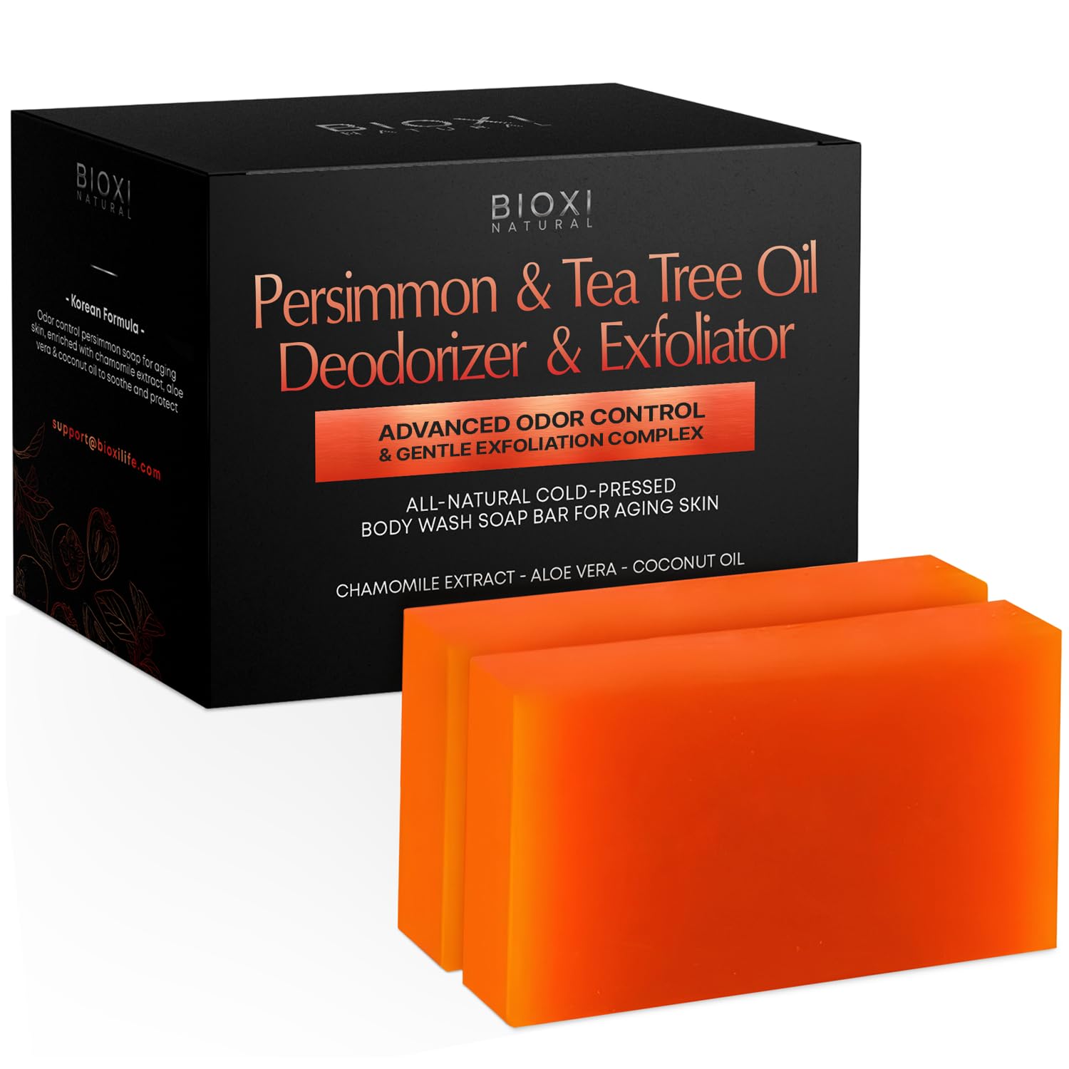 BIOXI persimmon soap packaging showing two bars and benefits