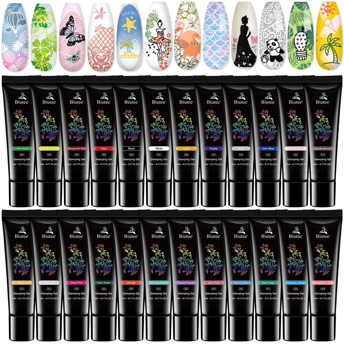 Biutee flatlay of 24 stamping gel pots showing variety and convenience