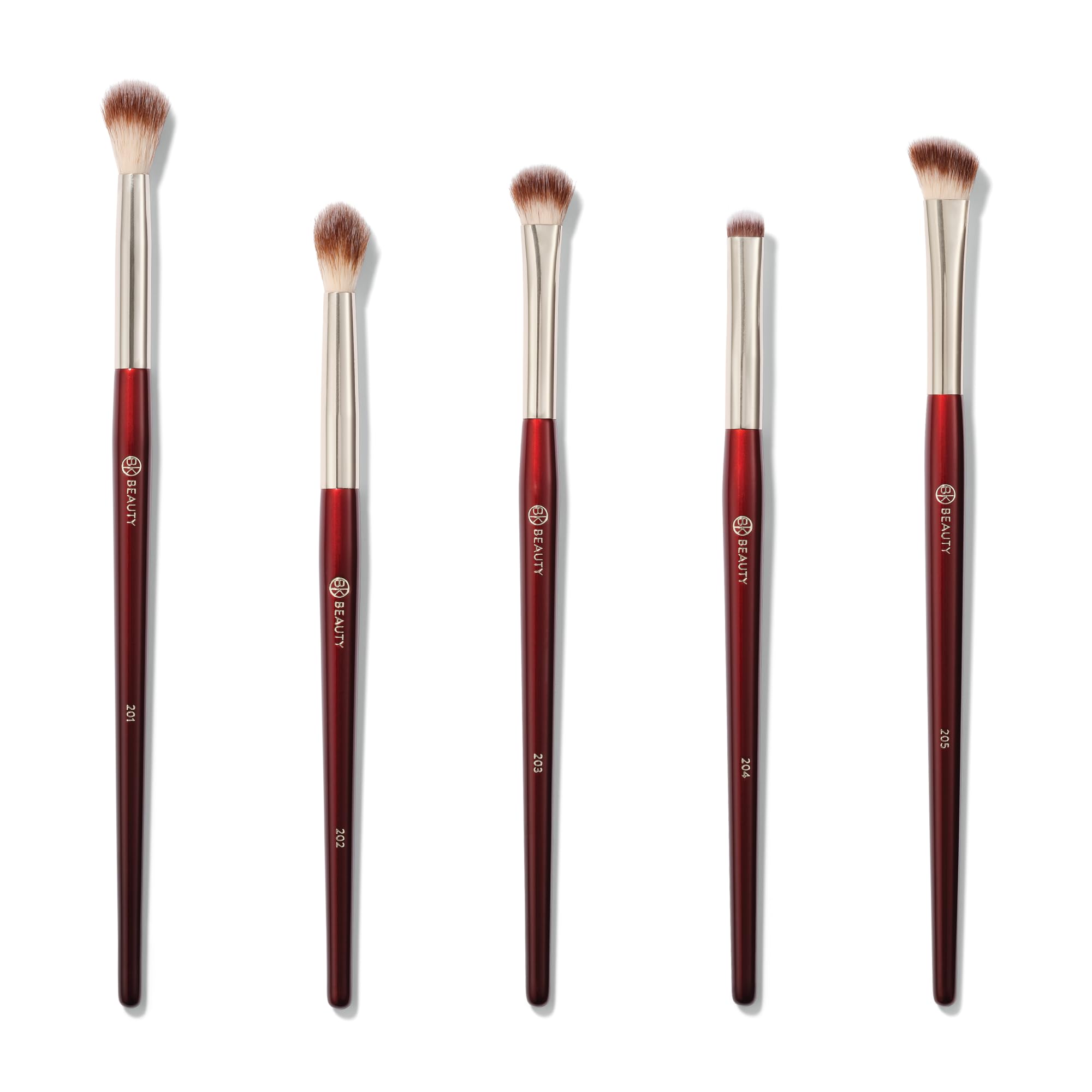 BK BEAUTY front view of the five-piece eyeshadow brush set showing included brushes and packaging benefit tidy storage