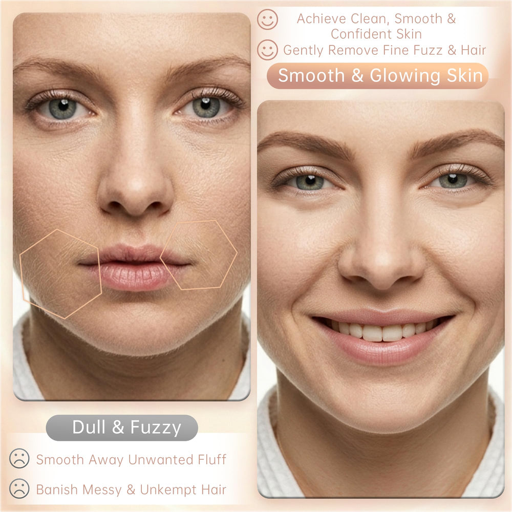 BKWITY before and after facial area comparison showing reduced peach fuzz and refined texture