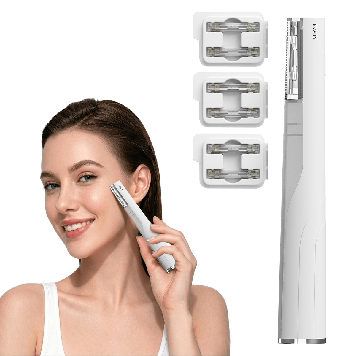 BKWITY front view of sonic dermaplane razor showing compact design and easy grip for control