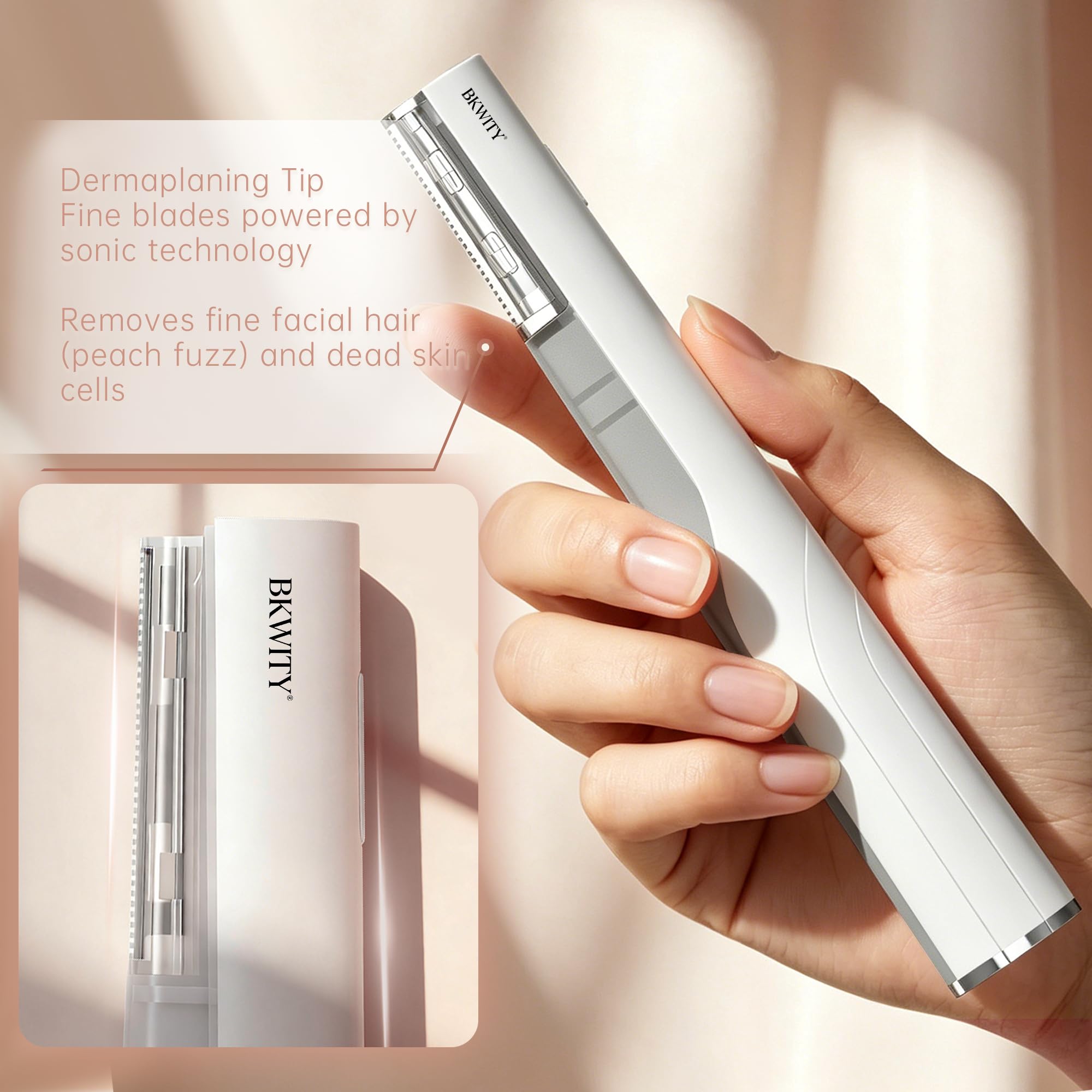 BKWITY razor held in hand to show scale and comfortable ergonomic handle for steady use