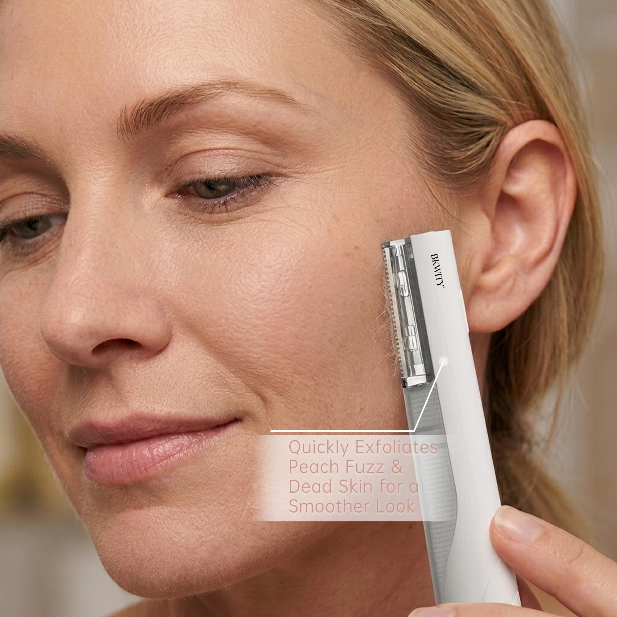 BKWITY boxed packaging with spare blades and warranty card for reliable at-home dermaplaning