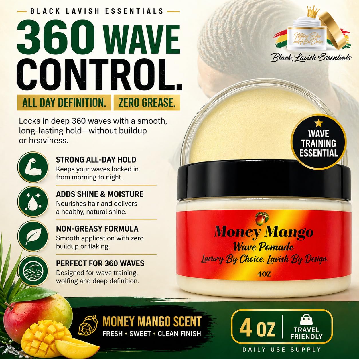 Black Lavish Essentials shea and mango butter presentation emphasizing natural moisturizers