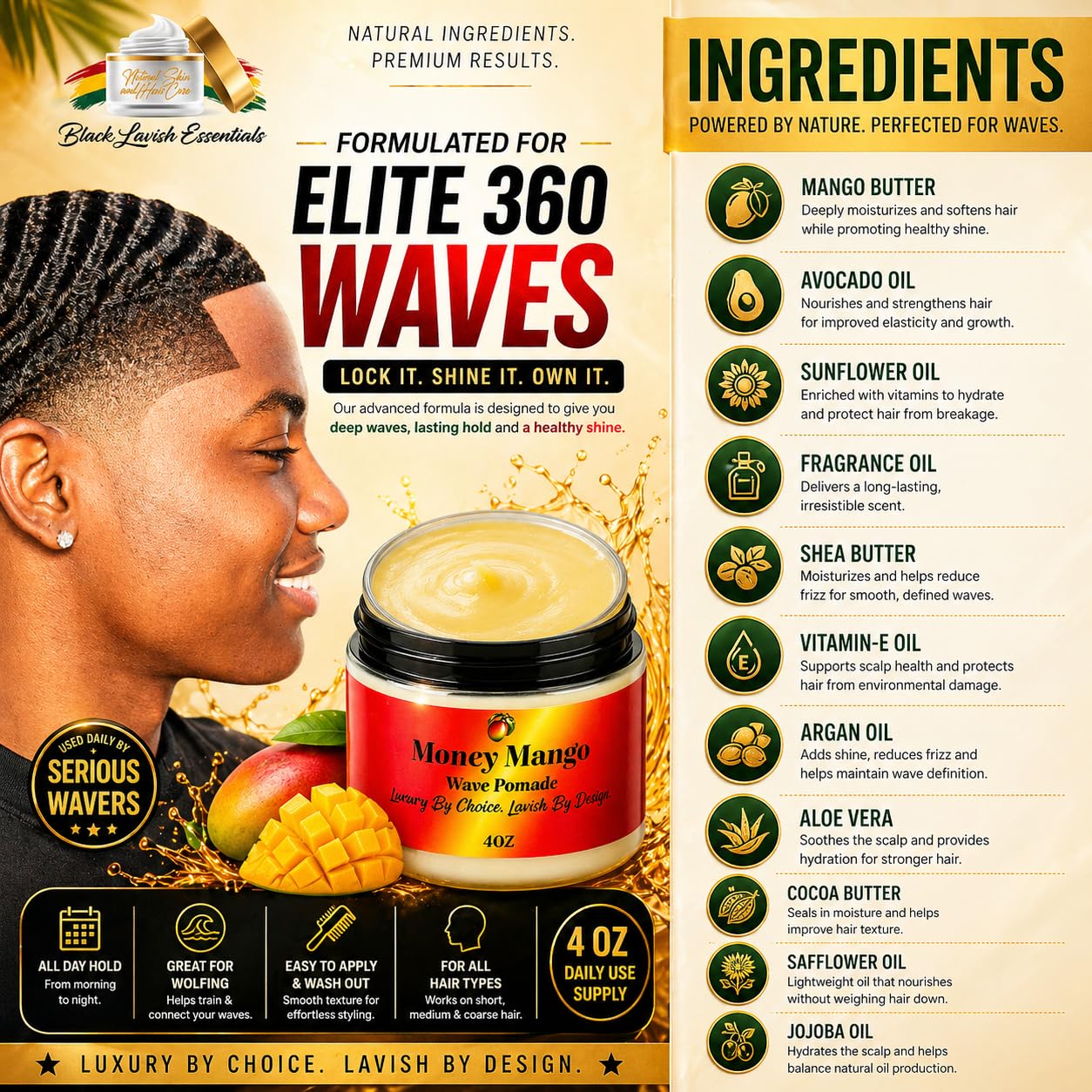 Black Lavish Essentials styled man at night showing polished wave finish and confidence