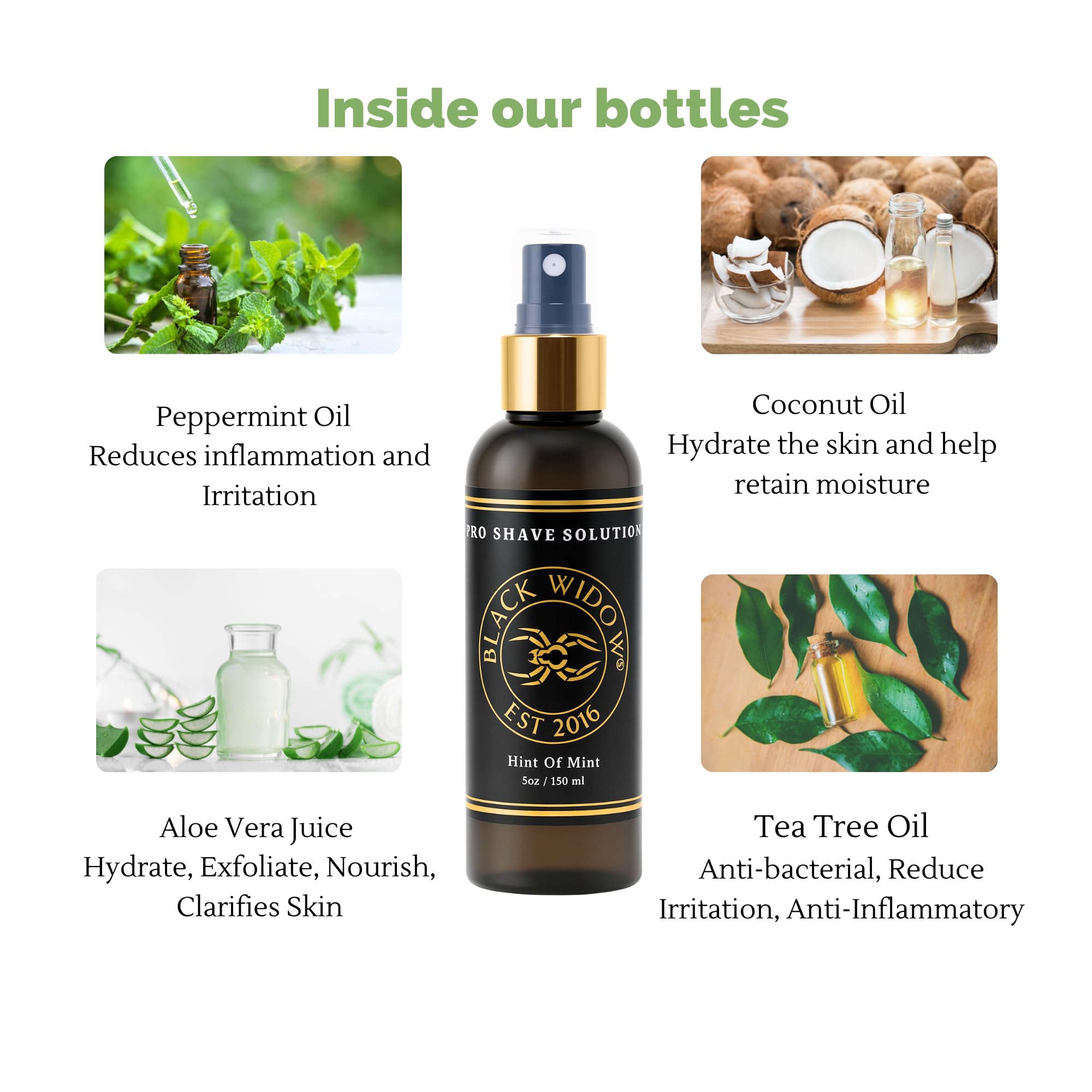 Black Widow ingredient callout highlighting soothing, skin-friendly components