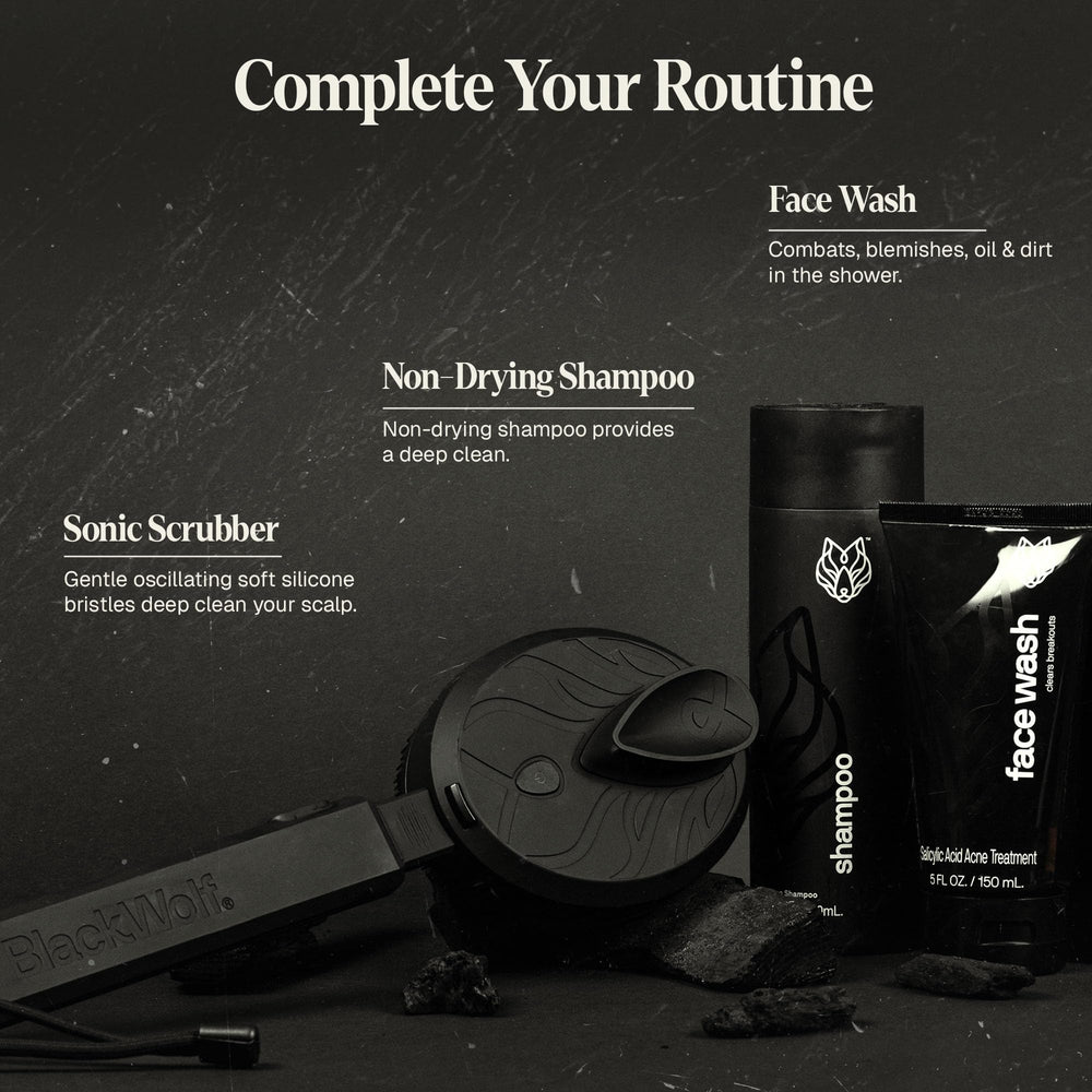 Black Wolf bottle beside grooming kit conveys daily routine