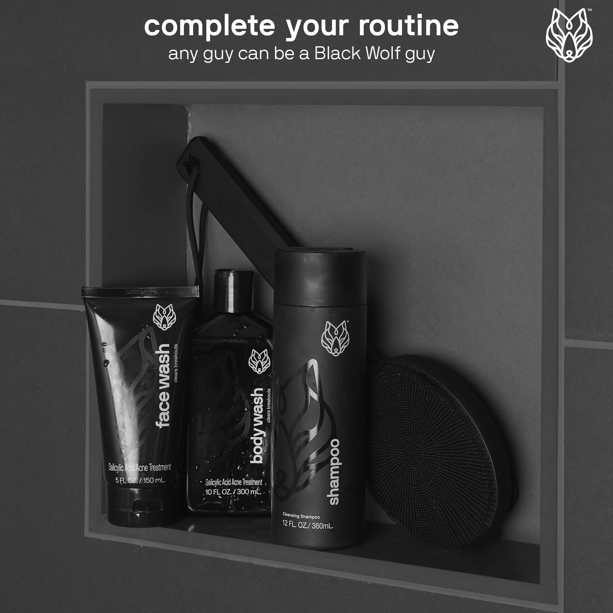 Black Wolf gel on bathroom counter as part of men's morning routine