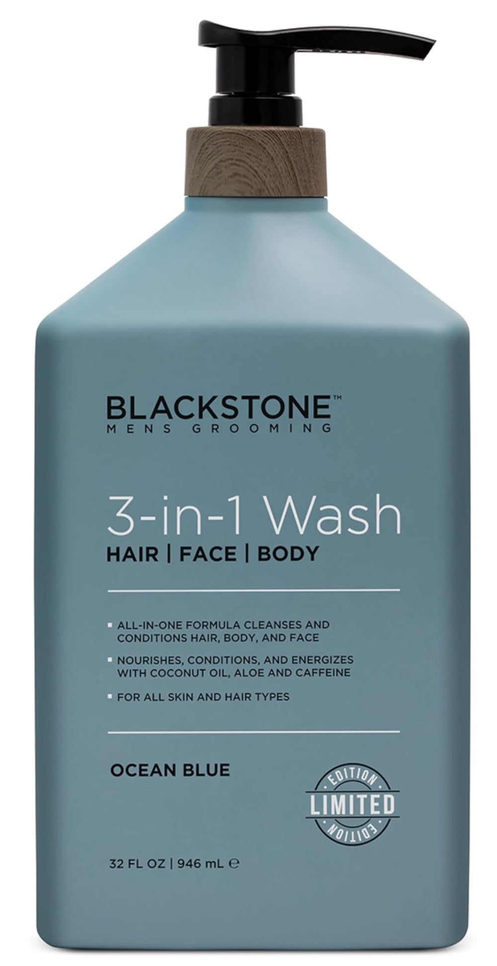 Blackstone front label showing Ocean Blue 32 fl oz for easy identification and storage