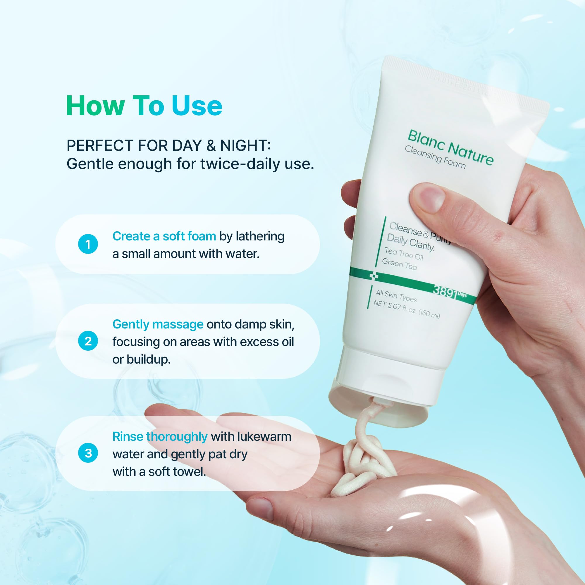 BLANC NATURE bottle staged on bathroom shelf for everyday routine benefit