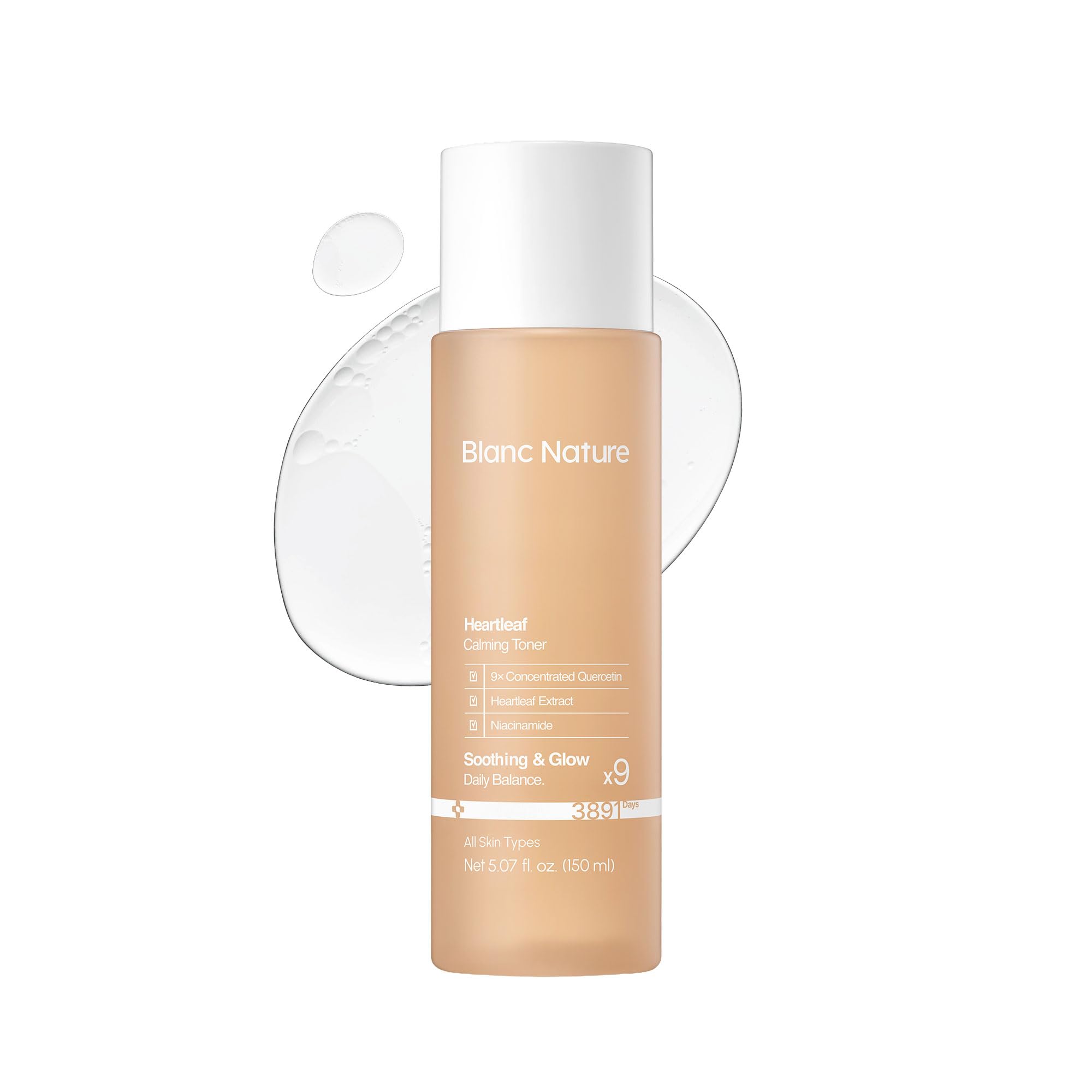 BLANC NATURE front bottle shot showing calming toner and clear benefits