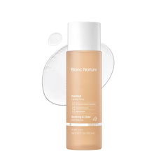 BLANC NATURE front bottle shot showing calming toner and clear benefits