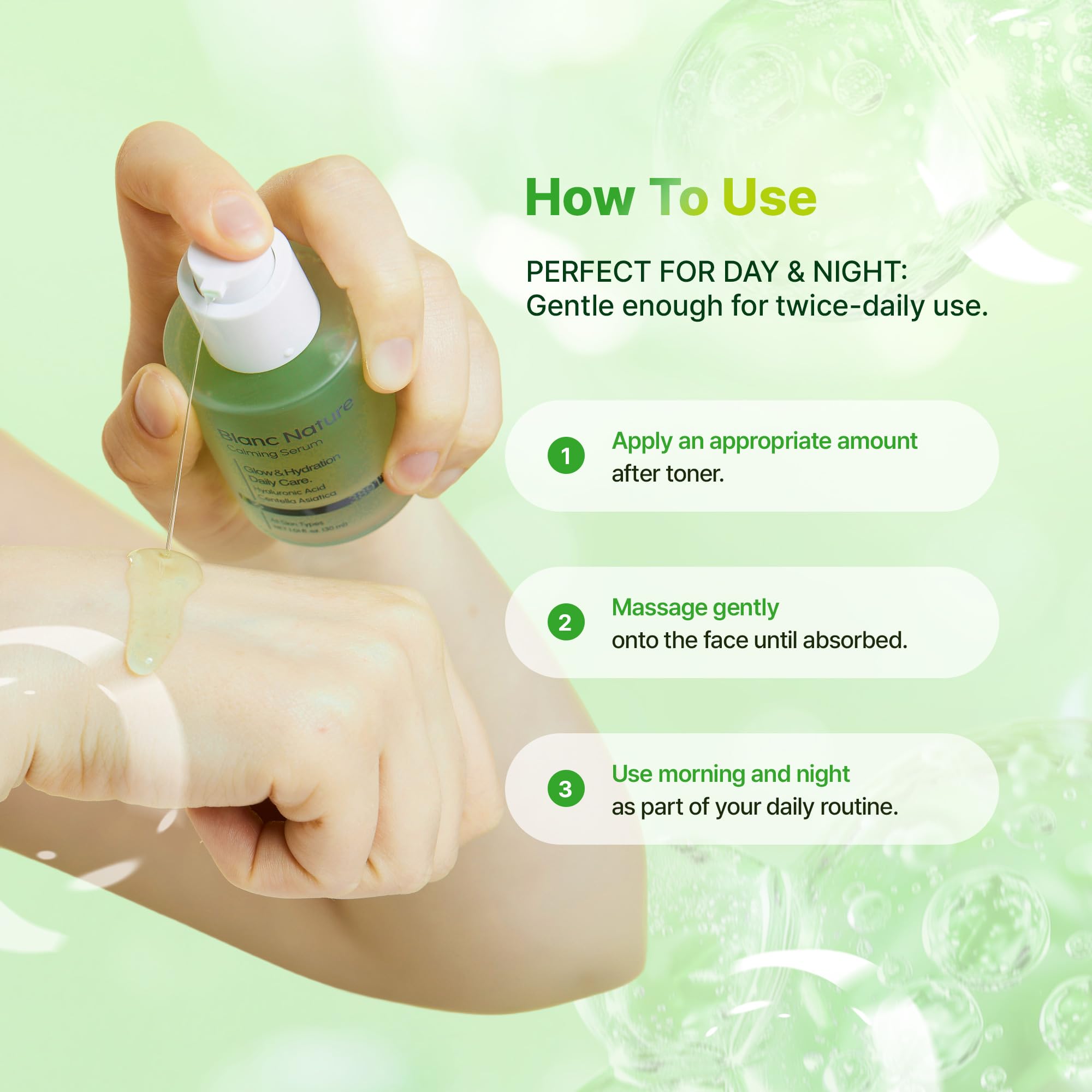 BLANC NATURE bottle on a vanity, lifestyle shot conveying daily skincare integration