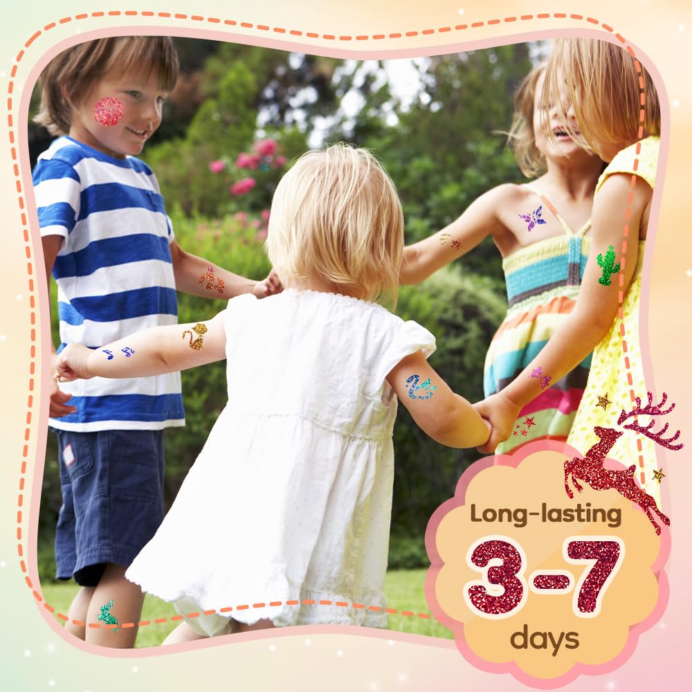 Bledras glitter tattoo being applied on child arm showing safe, colorful result