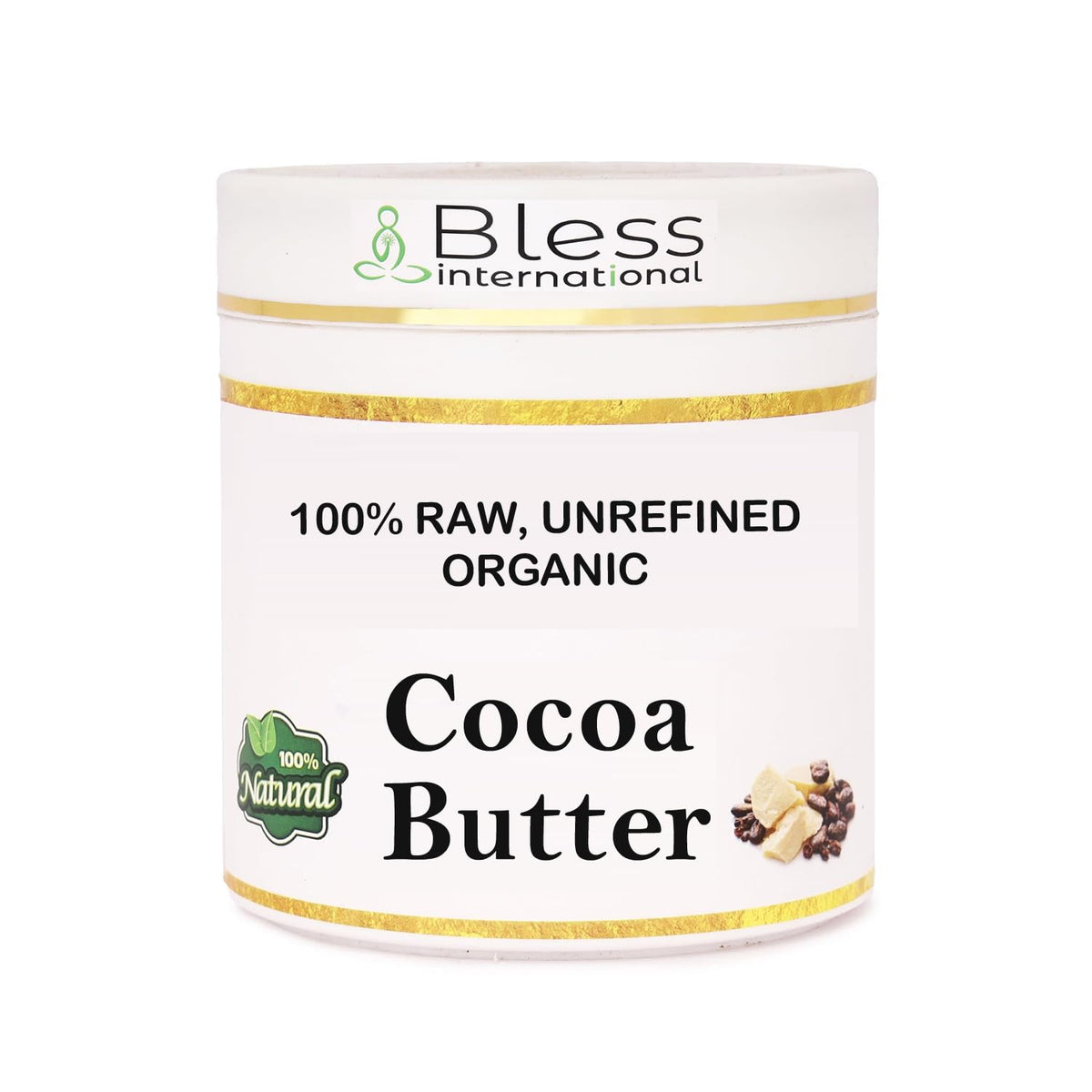 Bless raw cocoa butter front packaging showing pure organic label and size