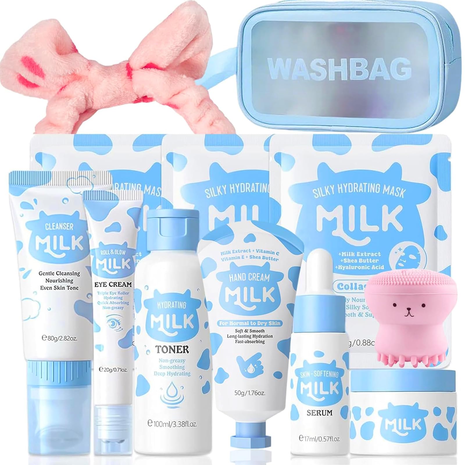 BliBling front packaging showing the whole 12-piece milk skincare set and convenience