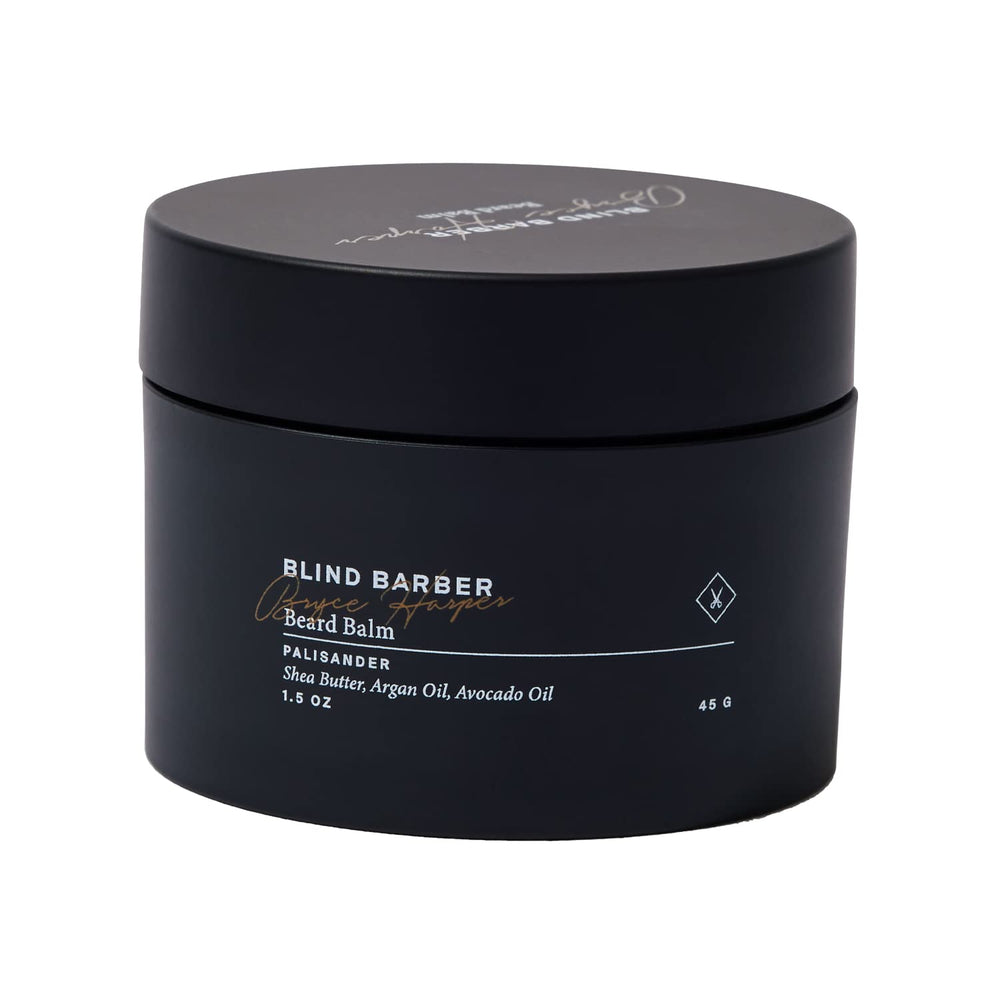 Blind Barber balm front tin shows branding and compact travel advantage