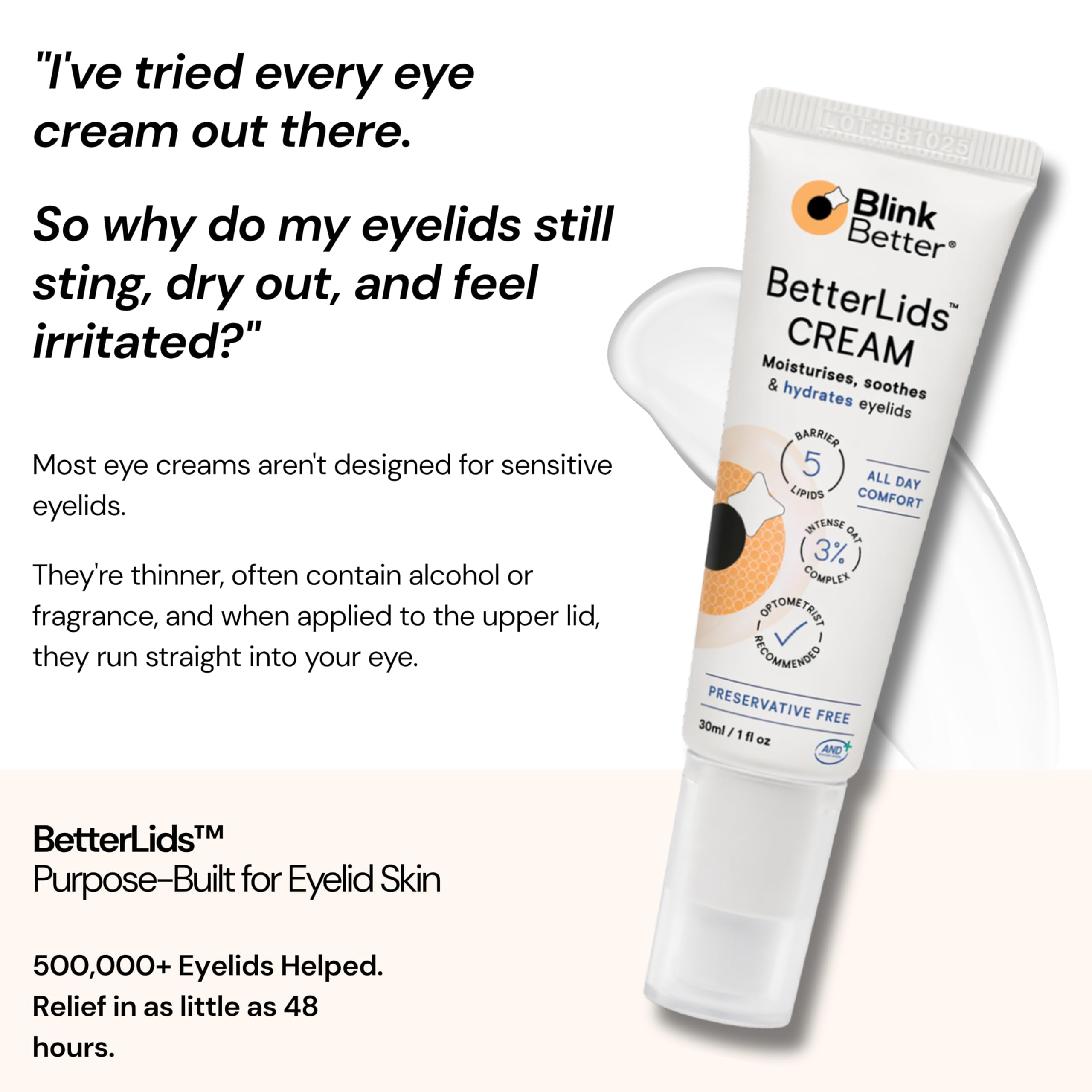 BlinkBetter ingredient label photo emphasizing ceramides and 3% oat complex benefits