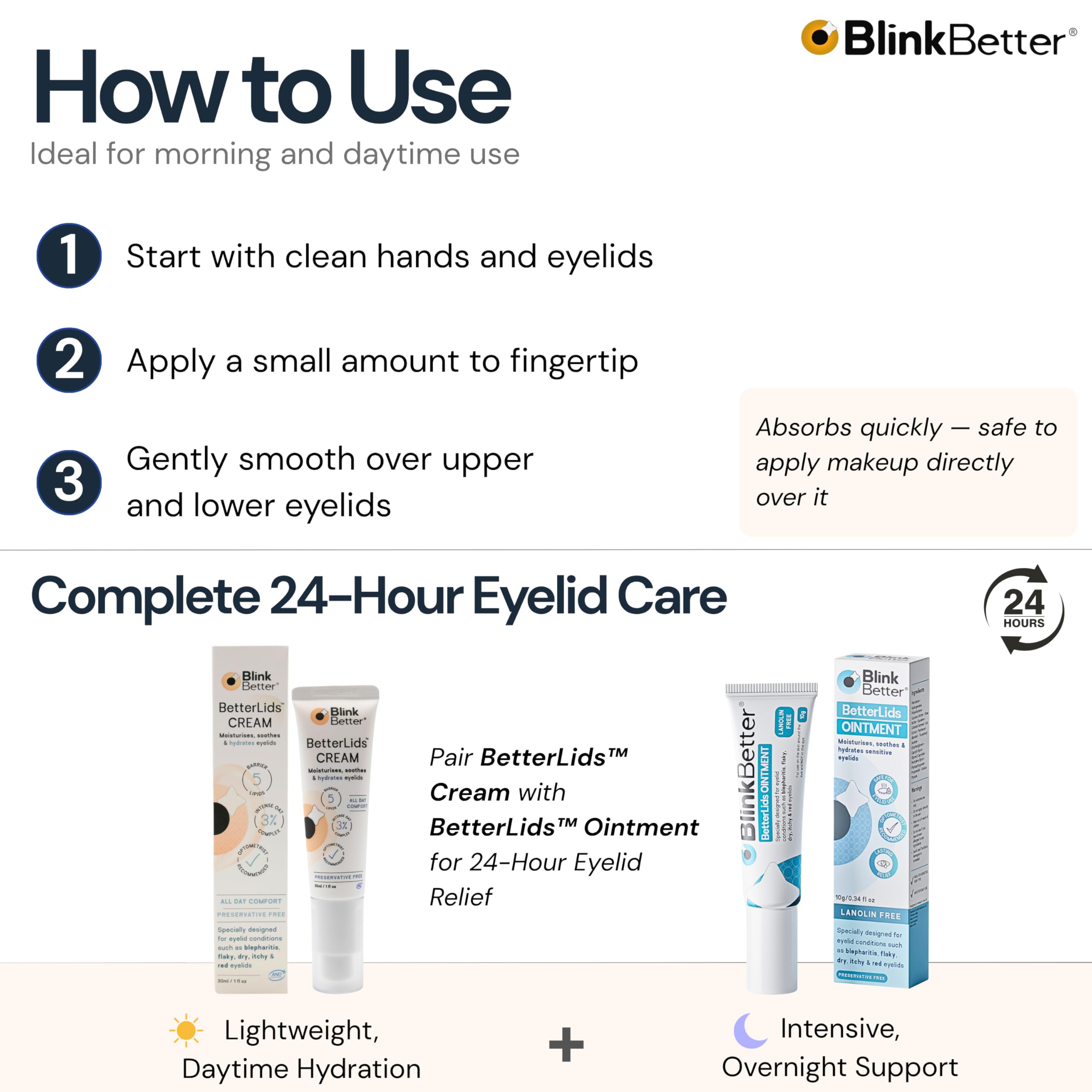 BlinkBetter layered under eye makeup illustrating smooth finish and compatibility