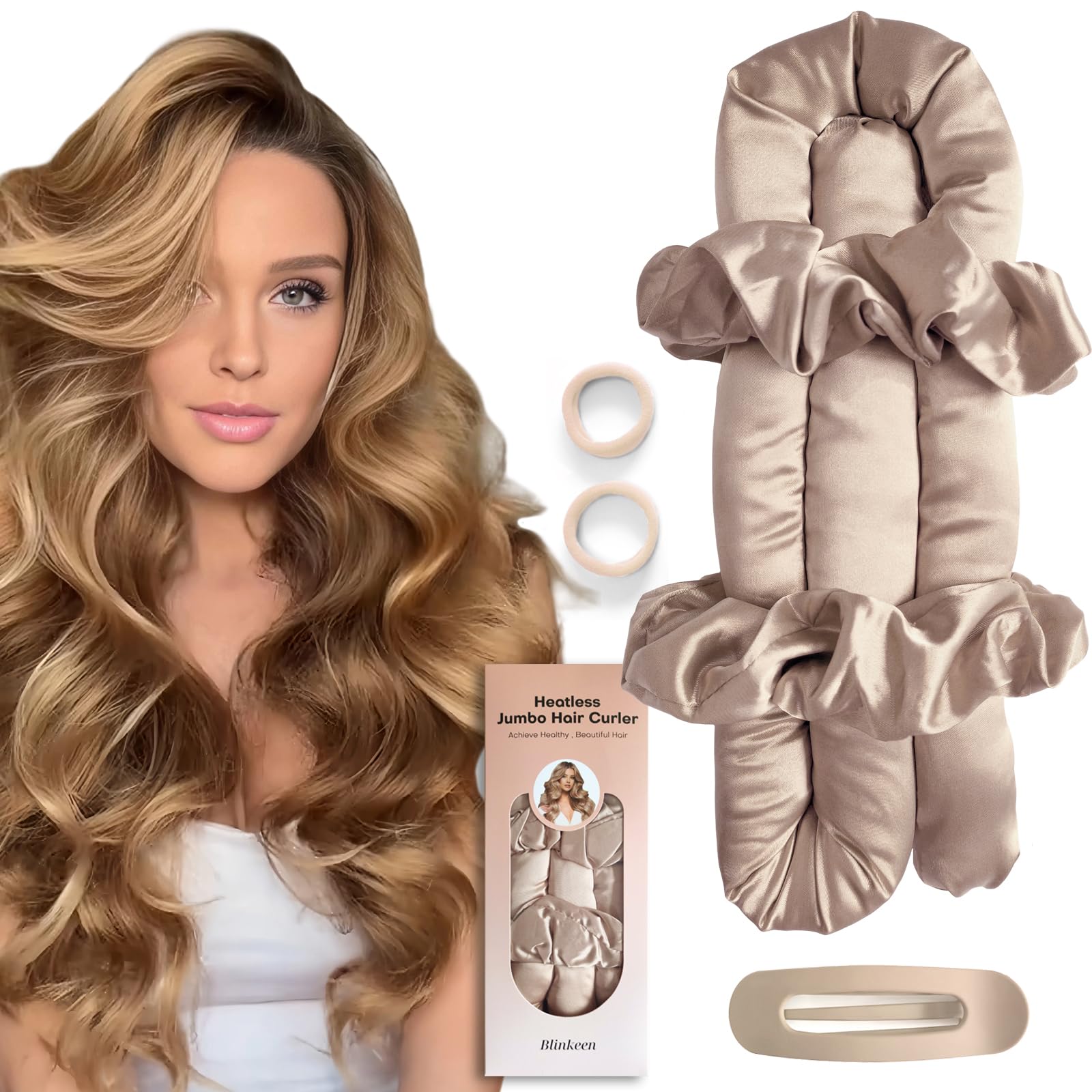 BLINKEEN jumbo curler front view showing beige set and benefits of heatless styling