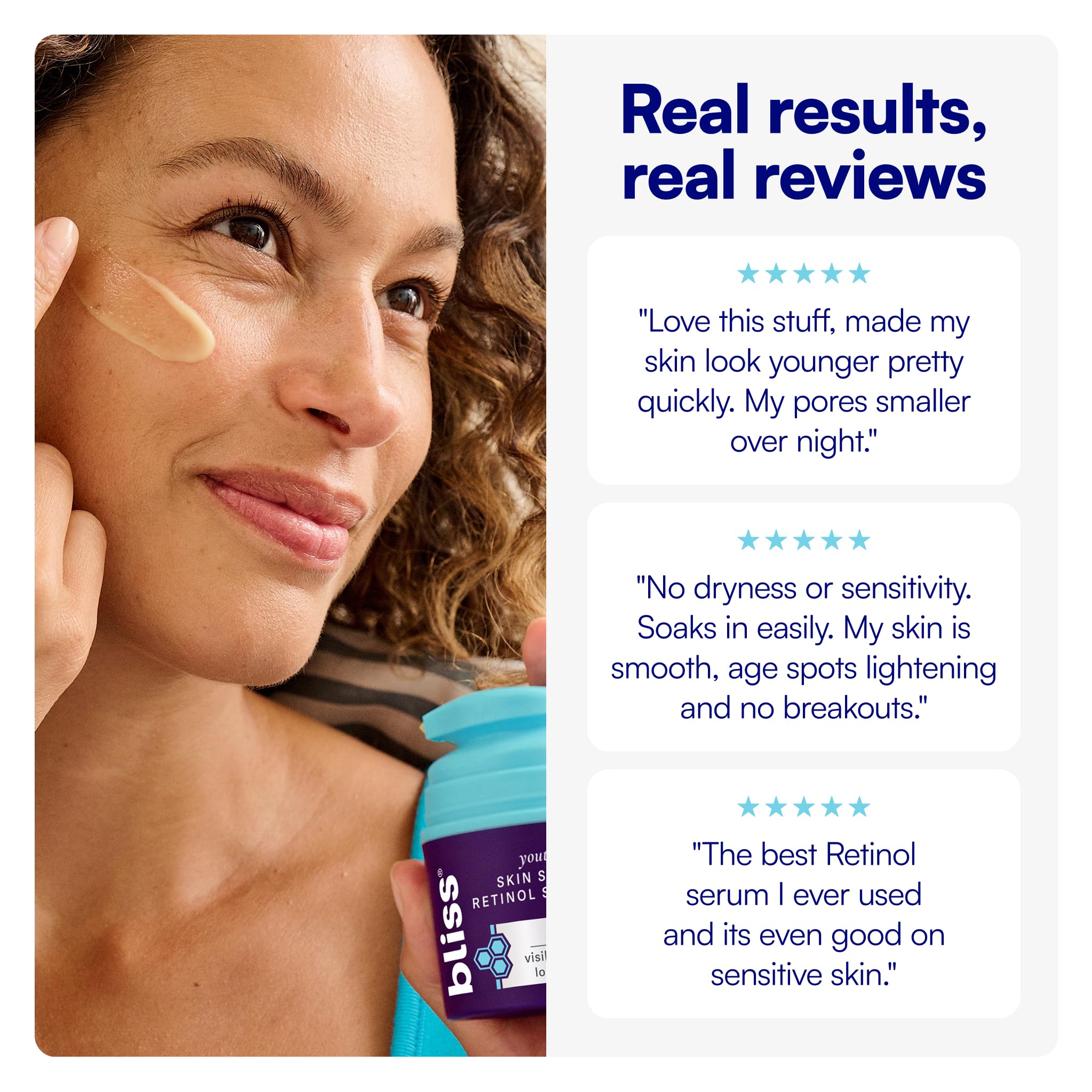 Bliss serum in a nighttime routine setting, emphasizes evening skin renewal