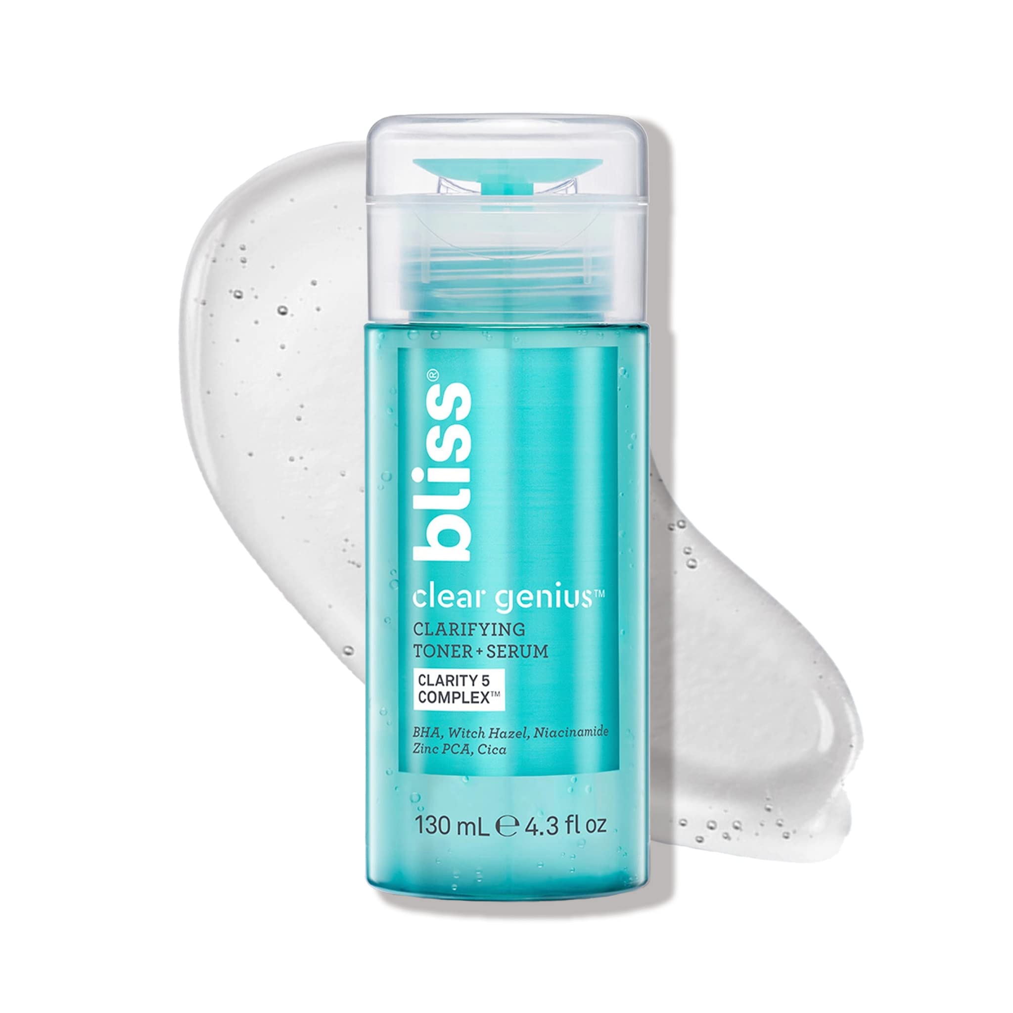 Bliss Clear Genius front packaging showing bottle and label benefits
