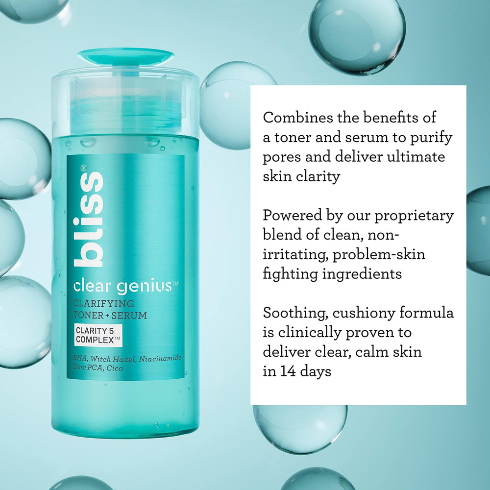 Bliss Clear Genius bottle staged on bathroom shelf suggesting daily routine
