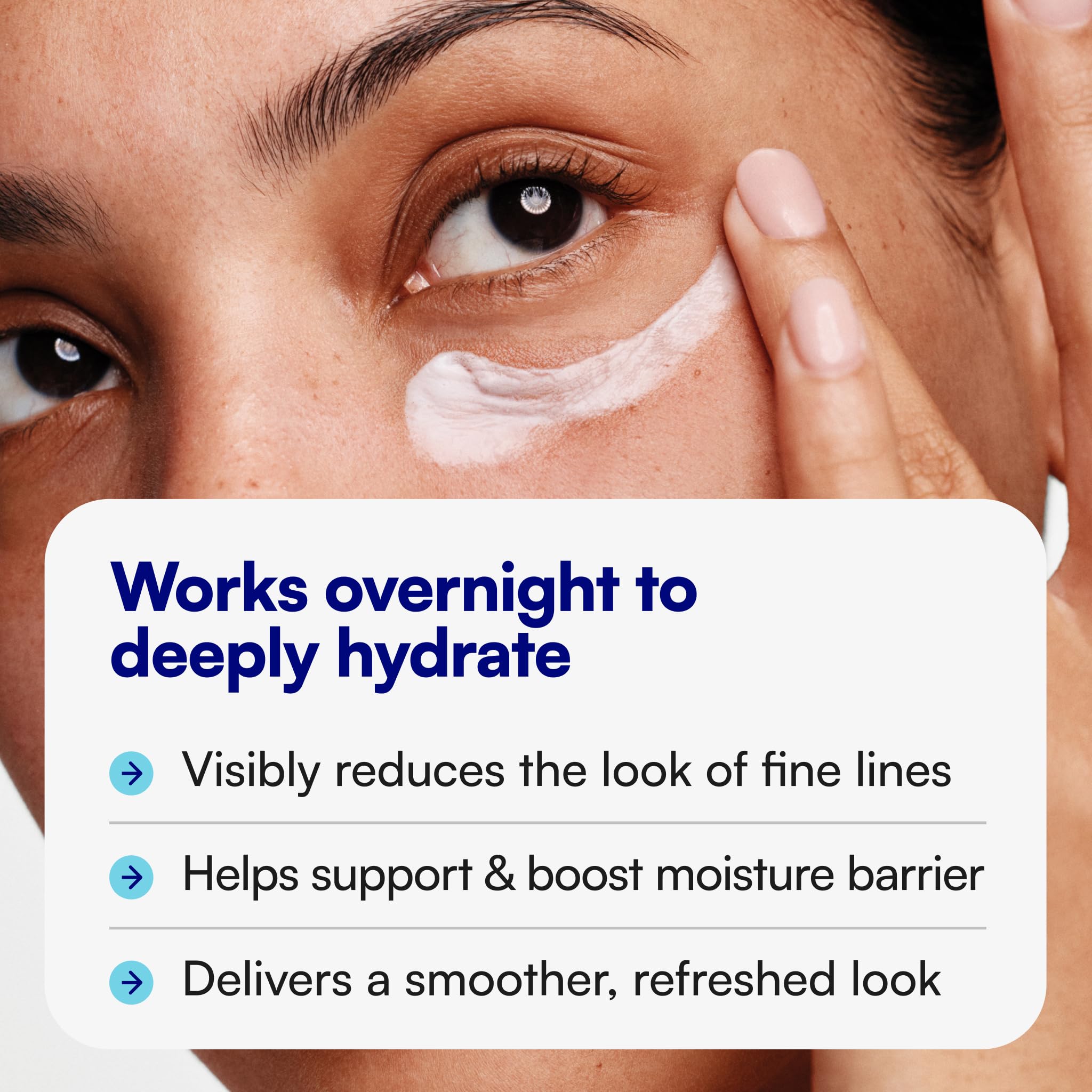 Bliss cream being gently patted under eye demonstrating soothing application and reduced irritation