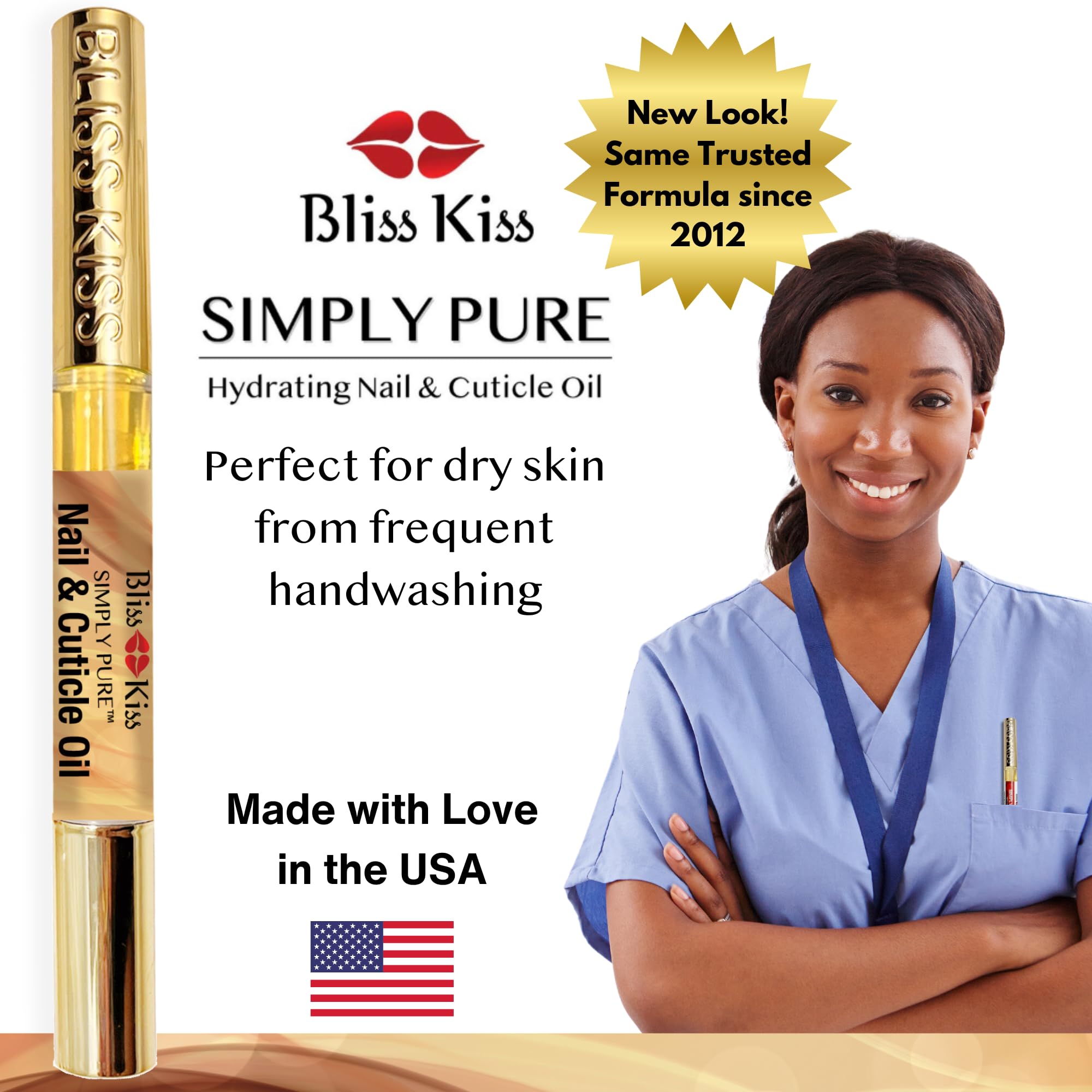 Three Bliss Kiss pens beside manicured nails for improved nail appearance