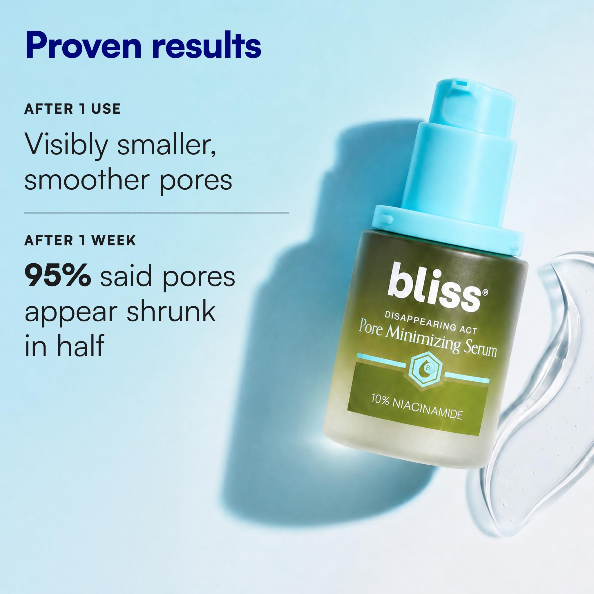 Bliss niacinamide serum pipette close-up dispensing clear formula for precise use