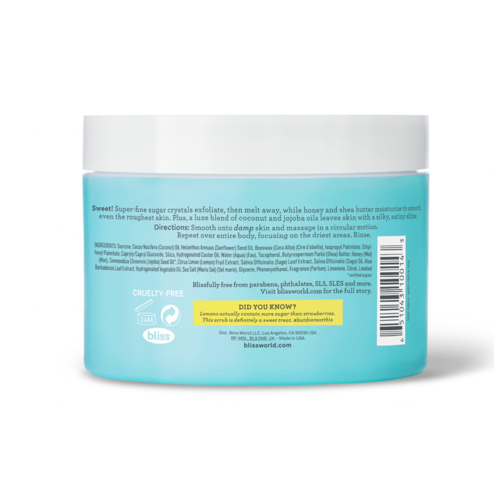 Bliss close-up texture of sugar crystals and oil, gentle exfoliation benefit