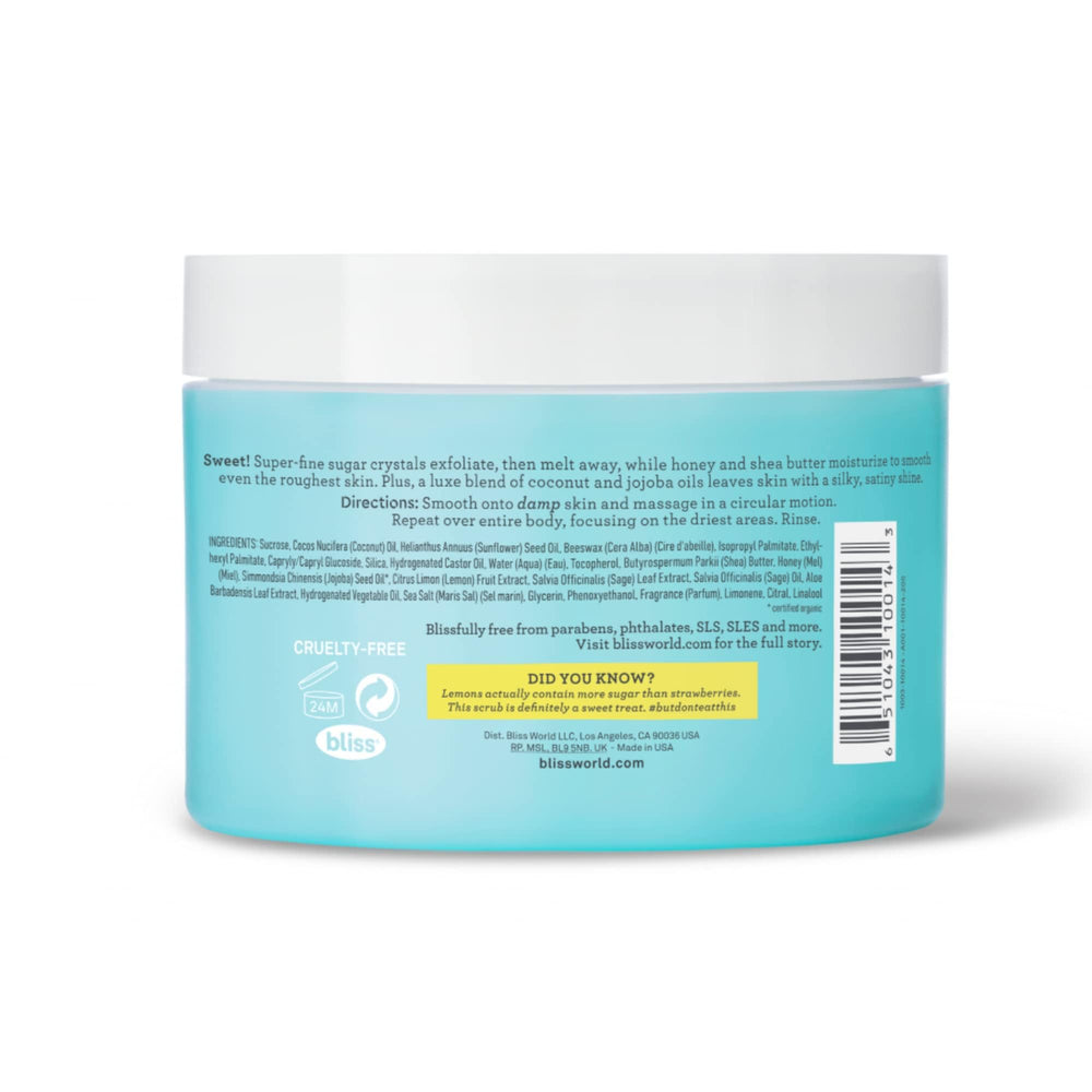 Bliss close-up texture of sugar crystals and oil, gentle exfoliation benefit