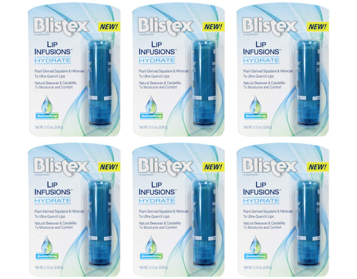 Blistex Lip Infusions front packaging showing six mini sticks and brand for quick hydration