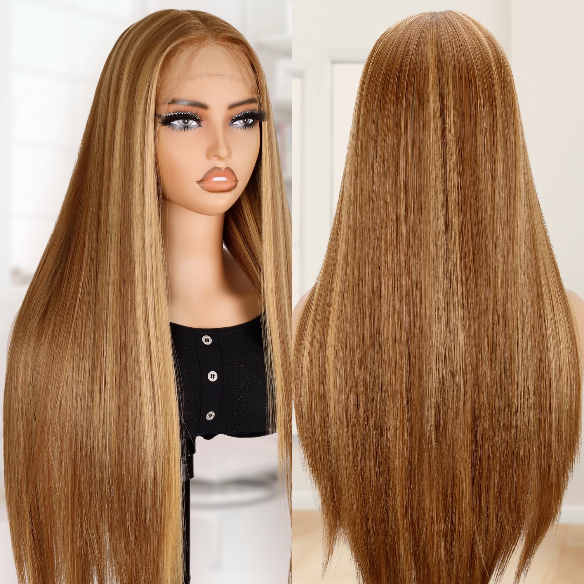 BLL honey blonde front view showing natural hairline and long straight shine
