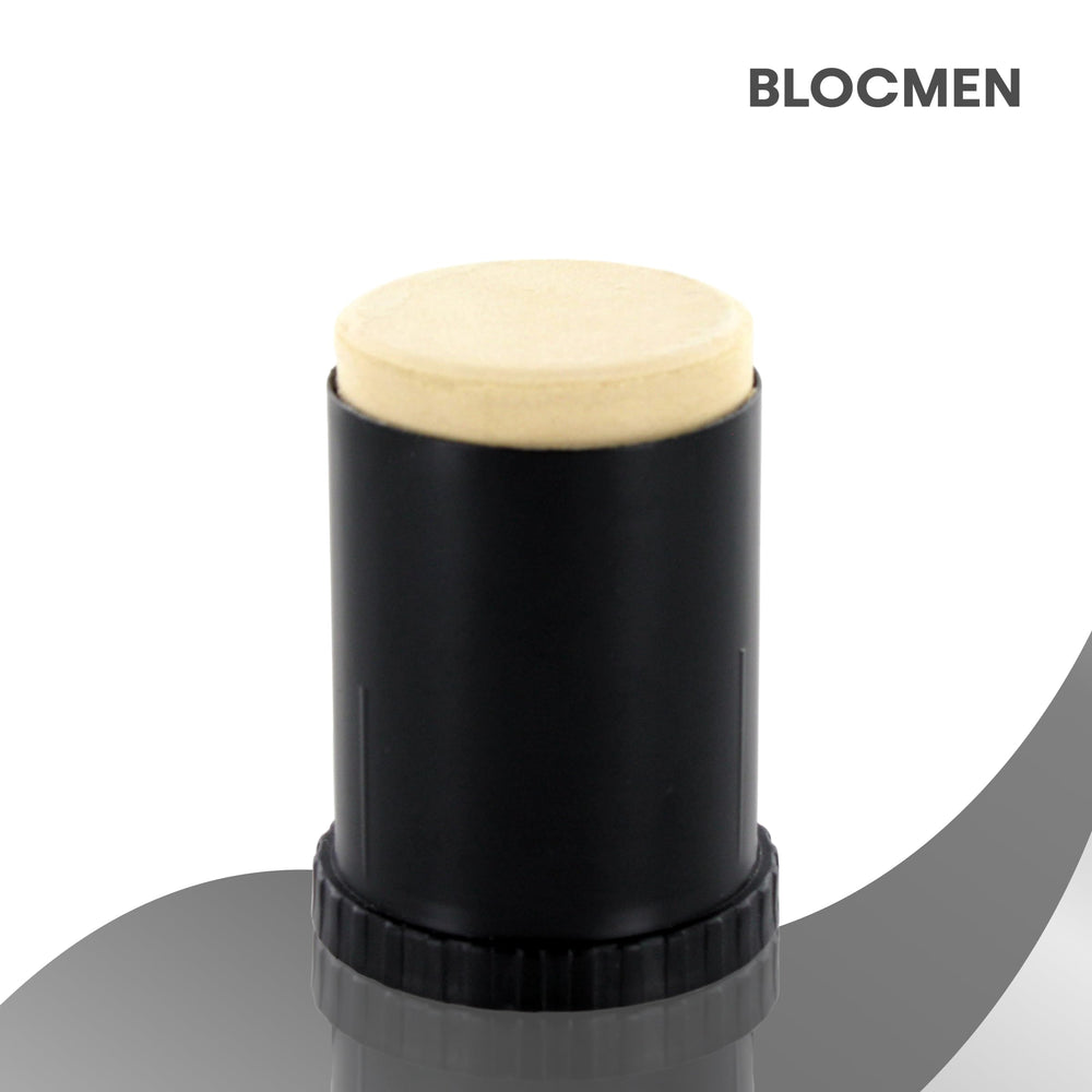 Blocmen pre shave stick open top revealing solid powder surface for easy application