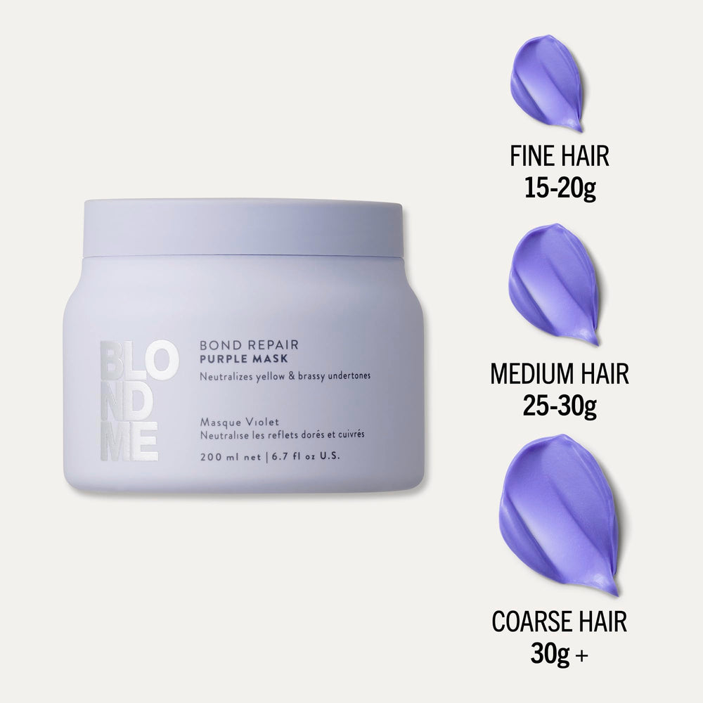 BlondMe label close-up highlighting bond repair and purple pigment benefits