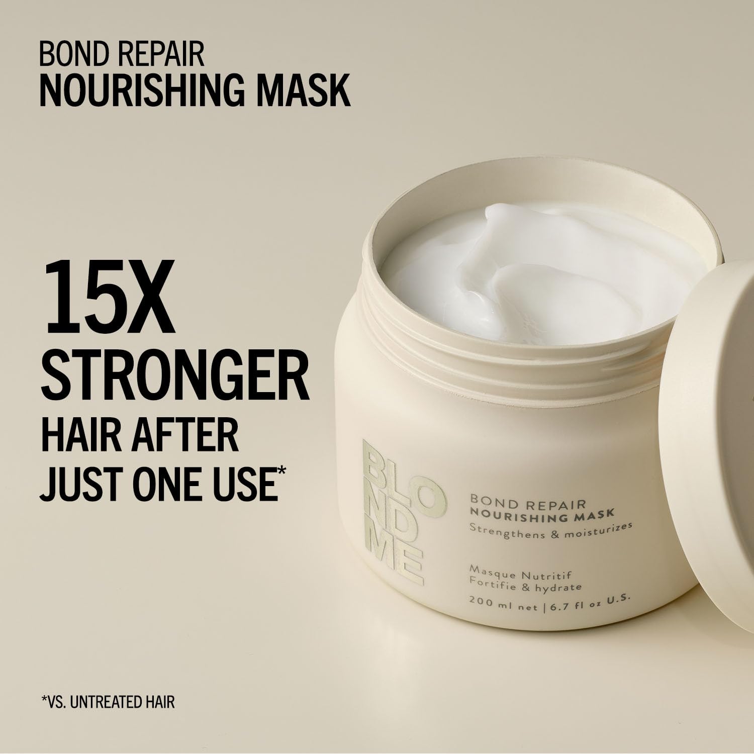 BlondMe label detail on tube highlighting bond repair technology and ingredient clarity benefit