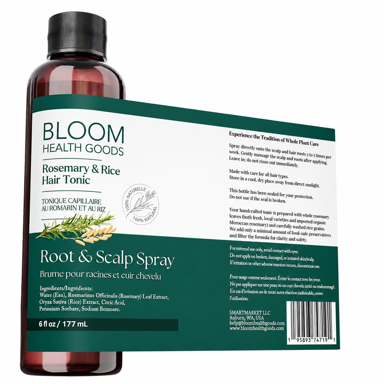 Bloom Health Goods sealed bottle with lockable sprayer and reusable bag highlighting travel-ready packaging
