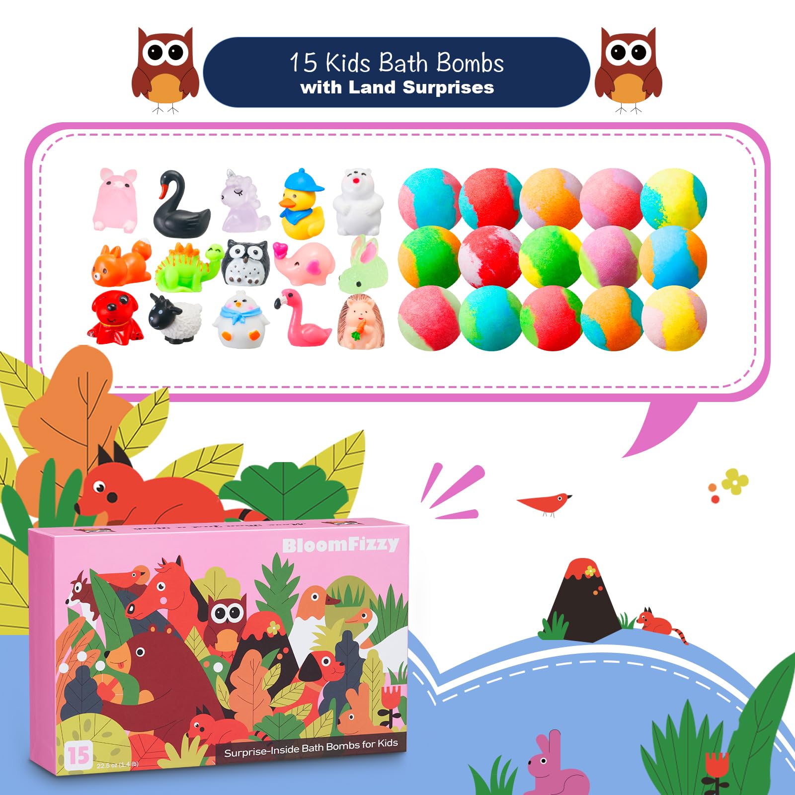 BloomFizzy top-down display of colorful bath bombs, variety and choice benefit