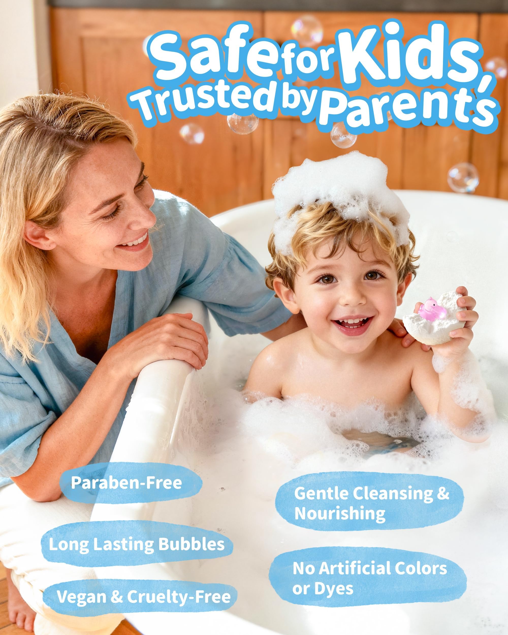 BloomFizzy child enjoying a calm bath with vapor and toy for comfort