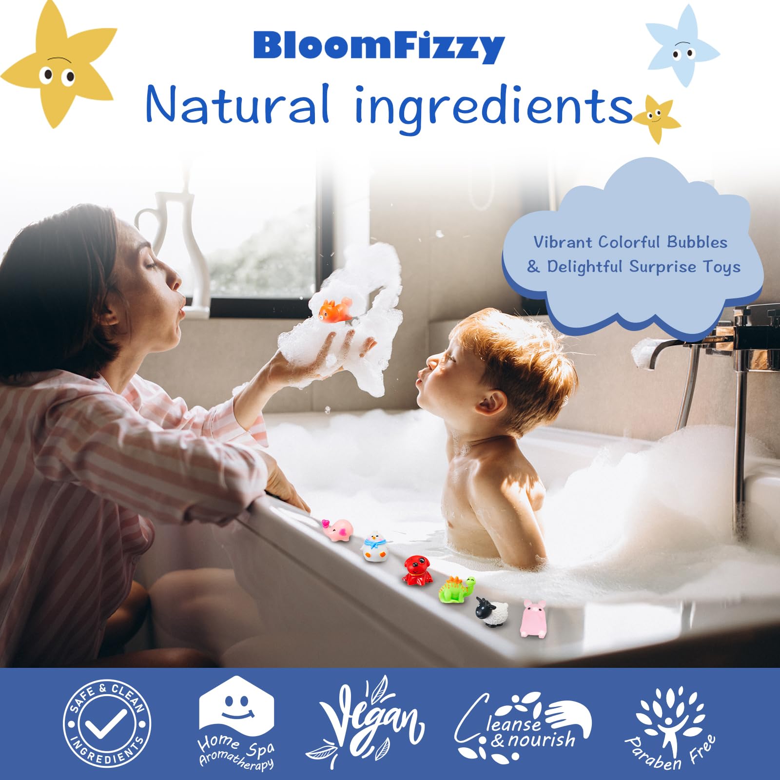 BloomFizzy bath bomb held in hand for scale, kid-friendly size benefit