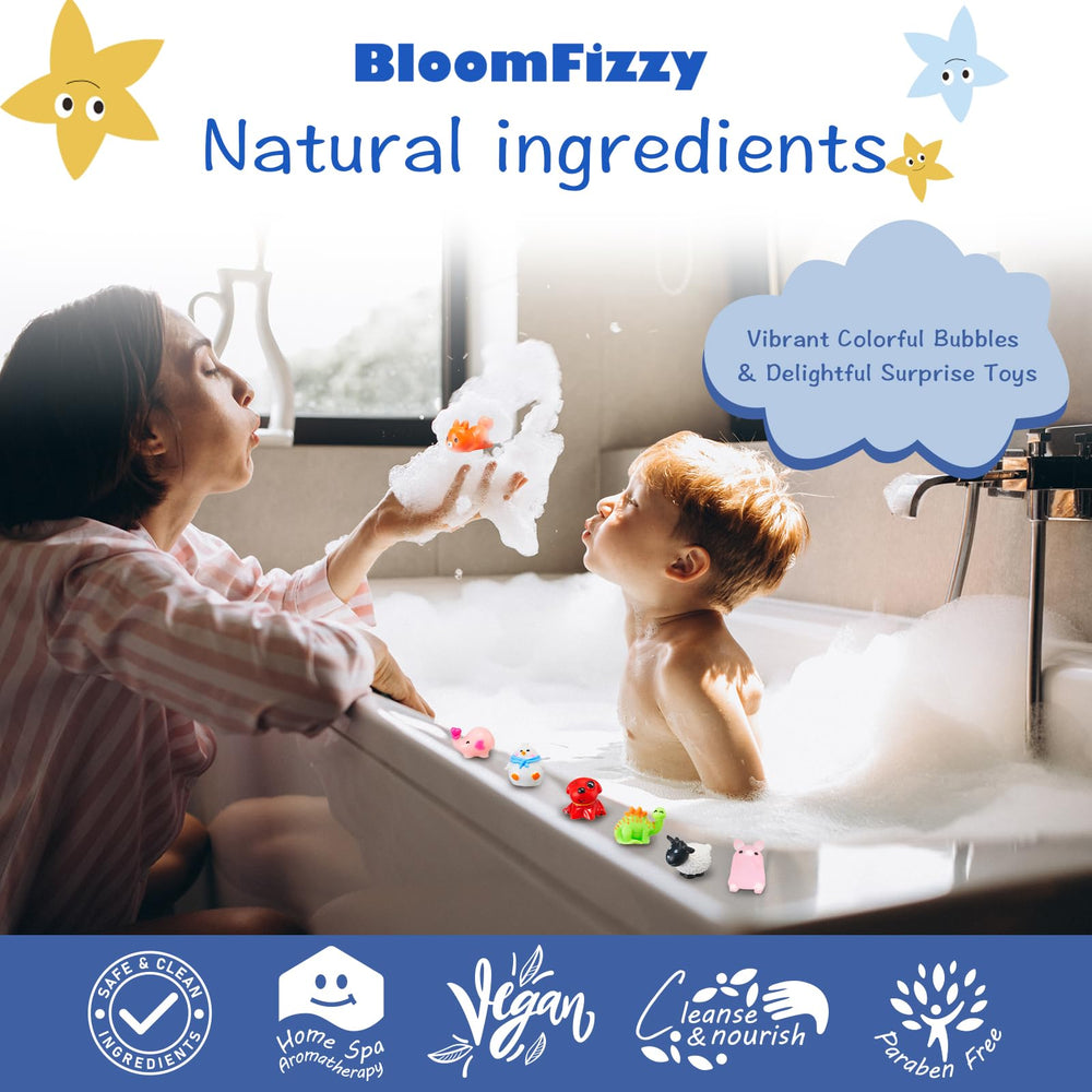 BloomFizzy bath bomb held in hand for scale, kid-friendly size benefit