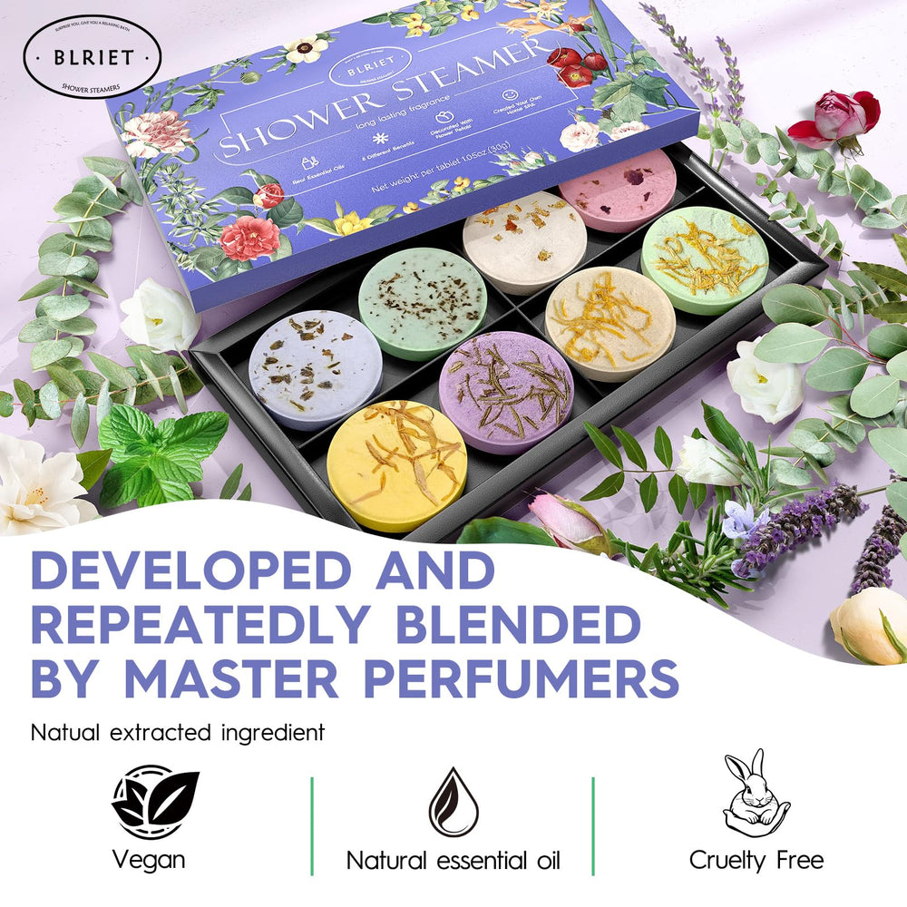 BLRIET tablet releasing steam in a shower demonstrating on-the-go aromatherapy relief
